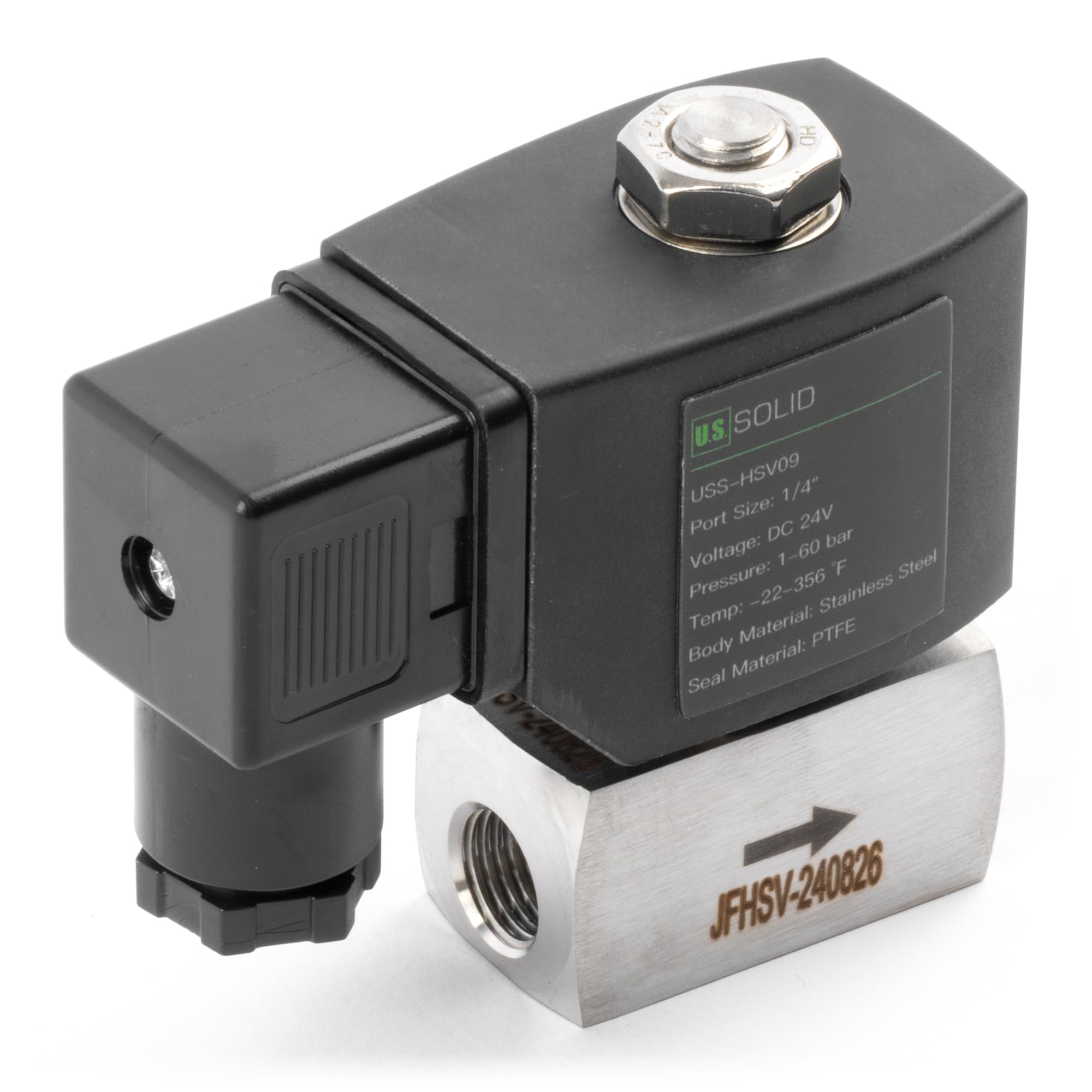 U.S. Solid Elettrovalvola alta pressione 1/4" in acciaio inox – 24 V DC, 60 bar, da -30°C a 180°C, resistente alta temperatura