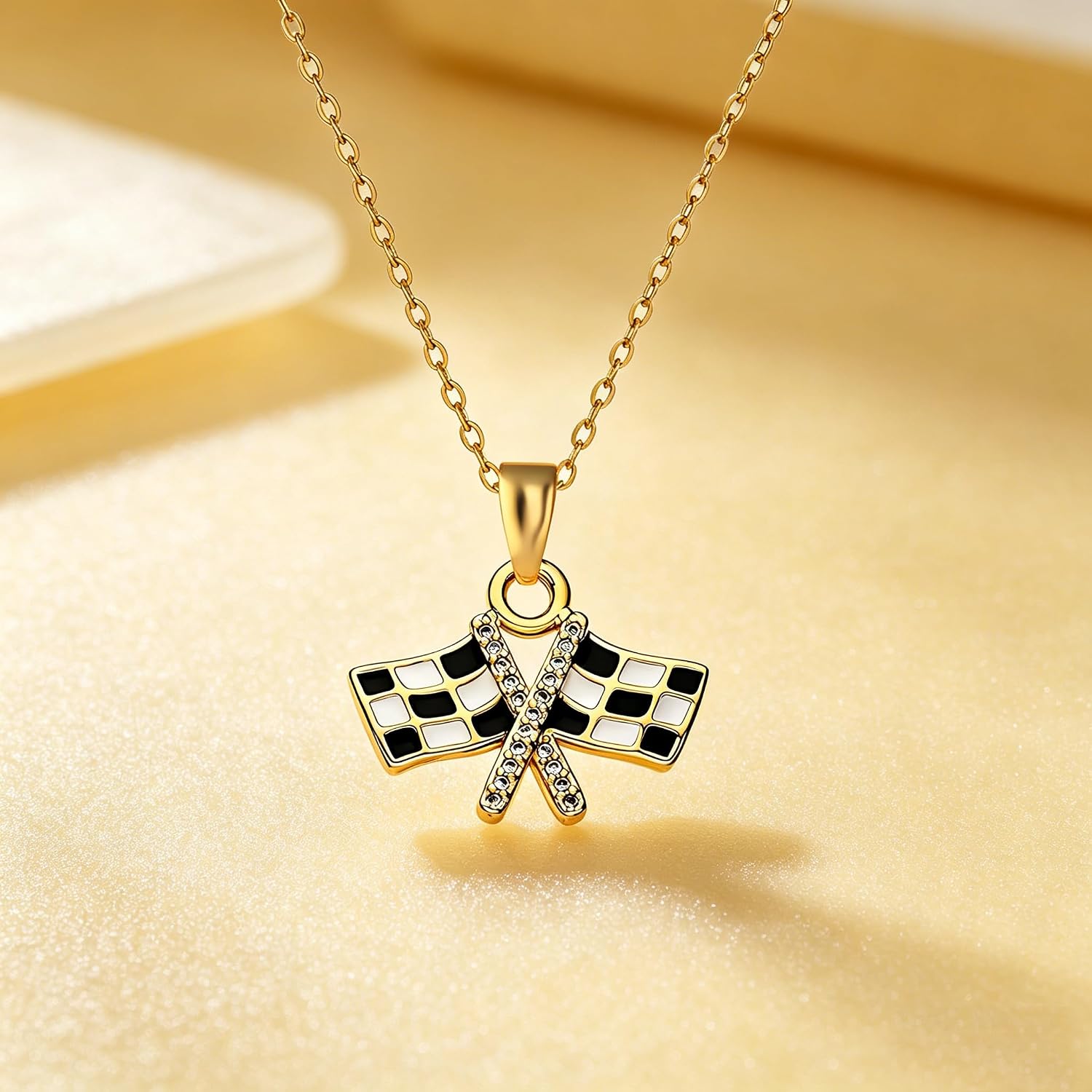 MALOYANVE Checkered Flag Racing Necklace for Women Crystal Enamel Black and White Pendant Necklace Jewelry Gift for Racers Race Fans