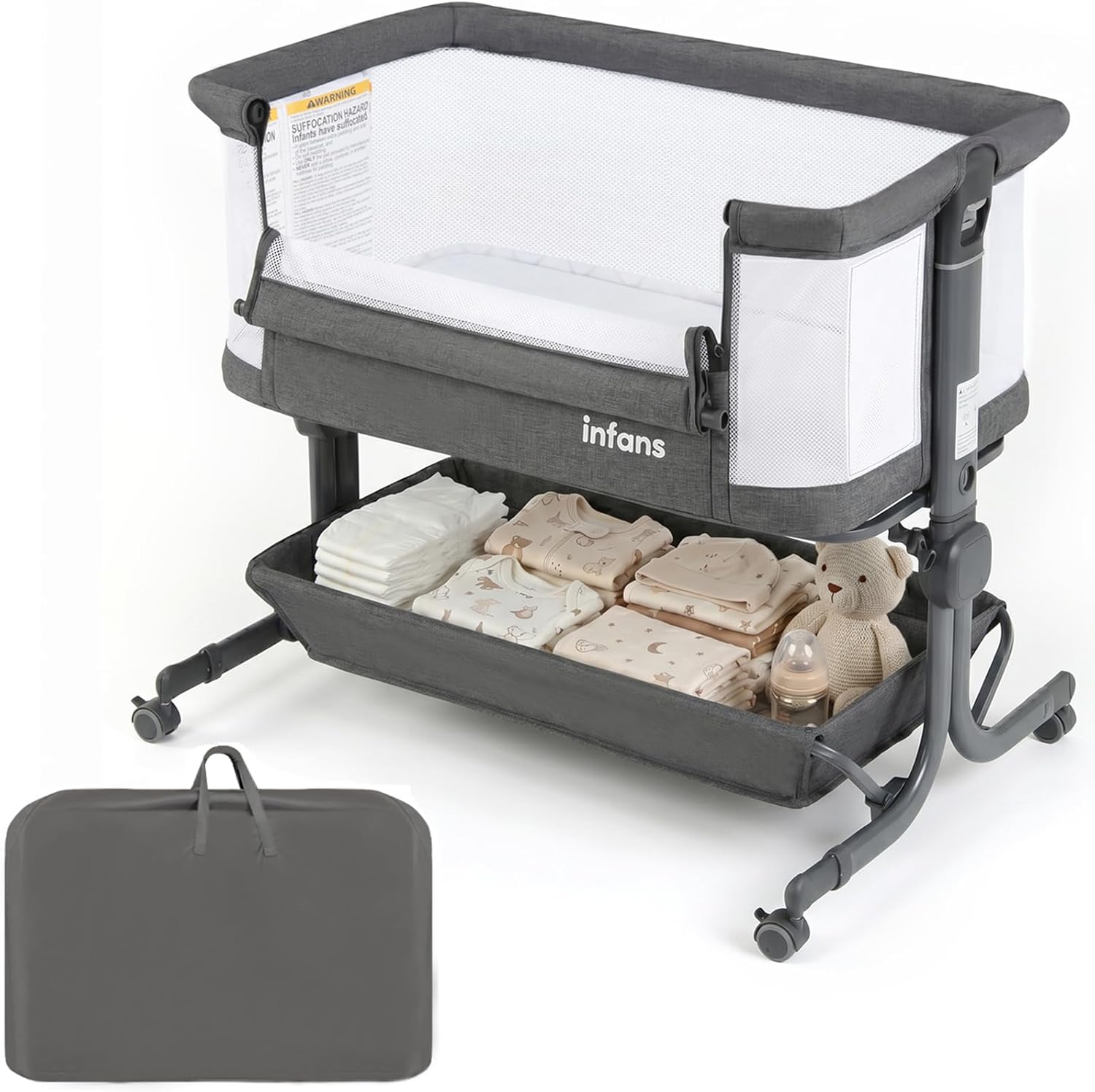 INFANS 3 in 1 Baby Bassinet, Bedside Sleeper with Comfy Mattress, Wheels, 6 Height Adjustable, Storage Basket, Travel Bag, Portable All Mesh Crib for Newborn Infant (Dark Grey)