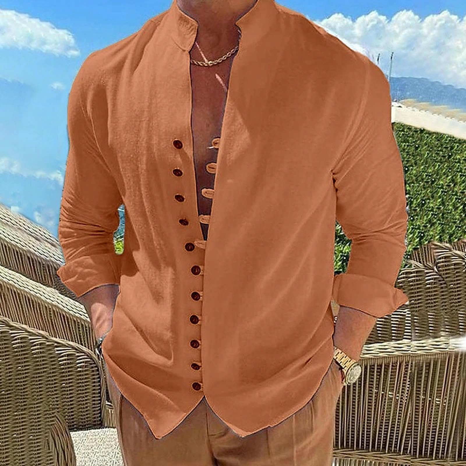 Camicie da Uomo Camicia A Colori Solidi in Cotone retrò E Maniche Lunghe Lino Casual Sciolta-Bianco-s
