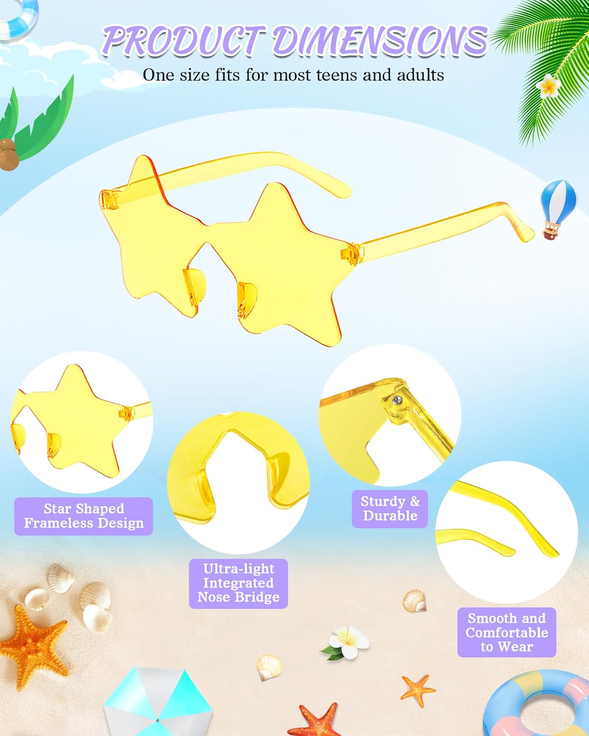 Wholesale 48 Pack Rimless Star/Heart Sunglasses Bulk Adults Unisex, Fun Colorful Star Heart Glasses Party Favors - Image 5