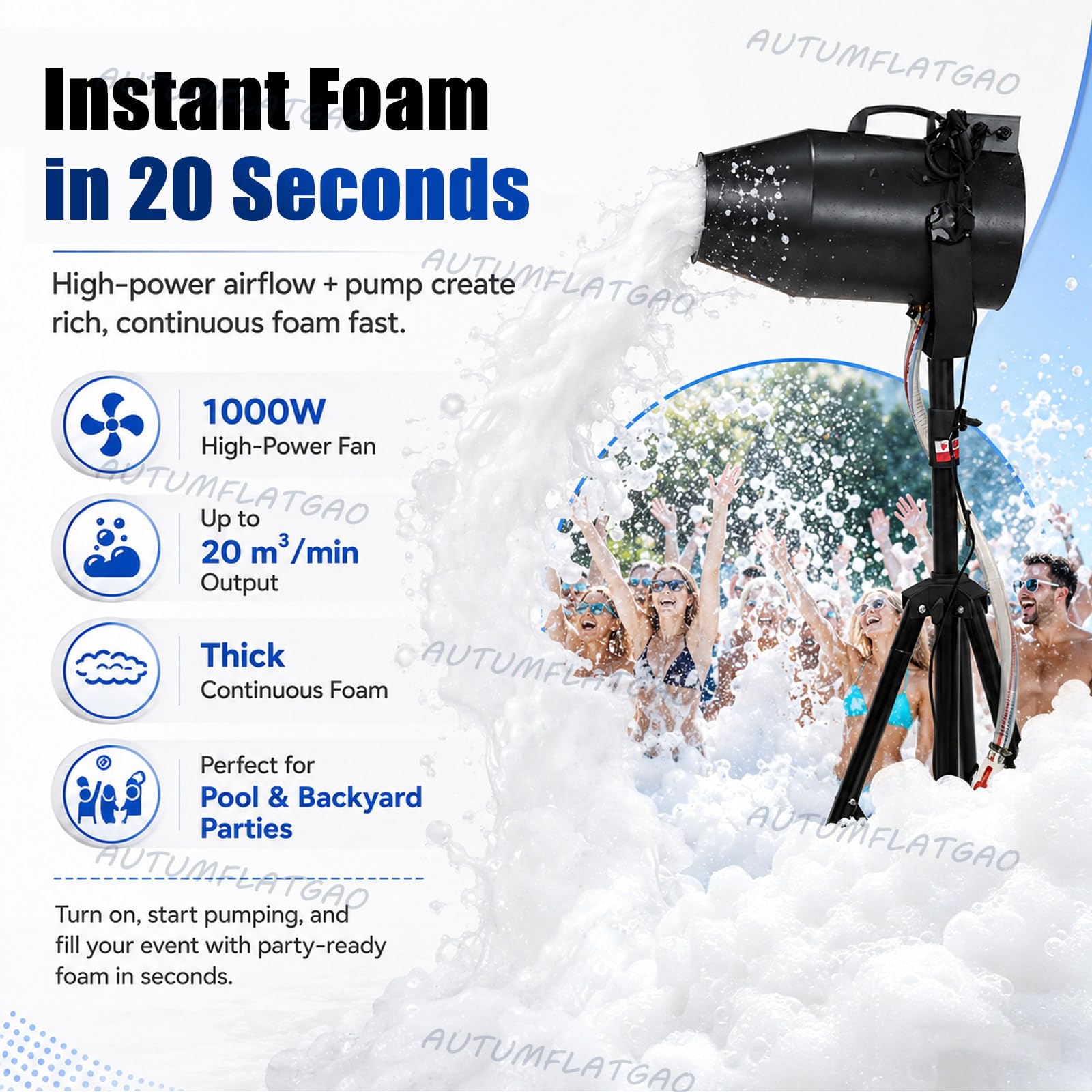 Macchina Schiuma Party 1000w, 20m³/Min Cannone per Schiuma con Angolo di Spruzzo Regolabile, Macchina per Schiuma per Piscina, Giardino, Compleanni E Feste D’Acqua, Facile da Installare
