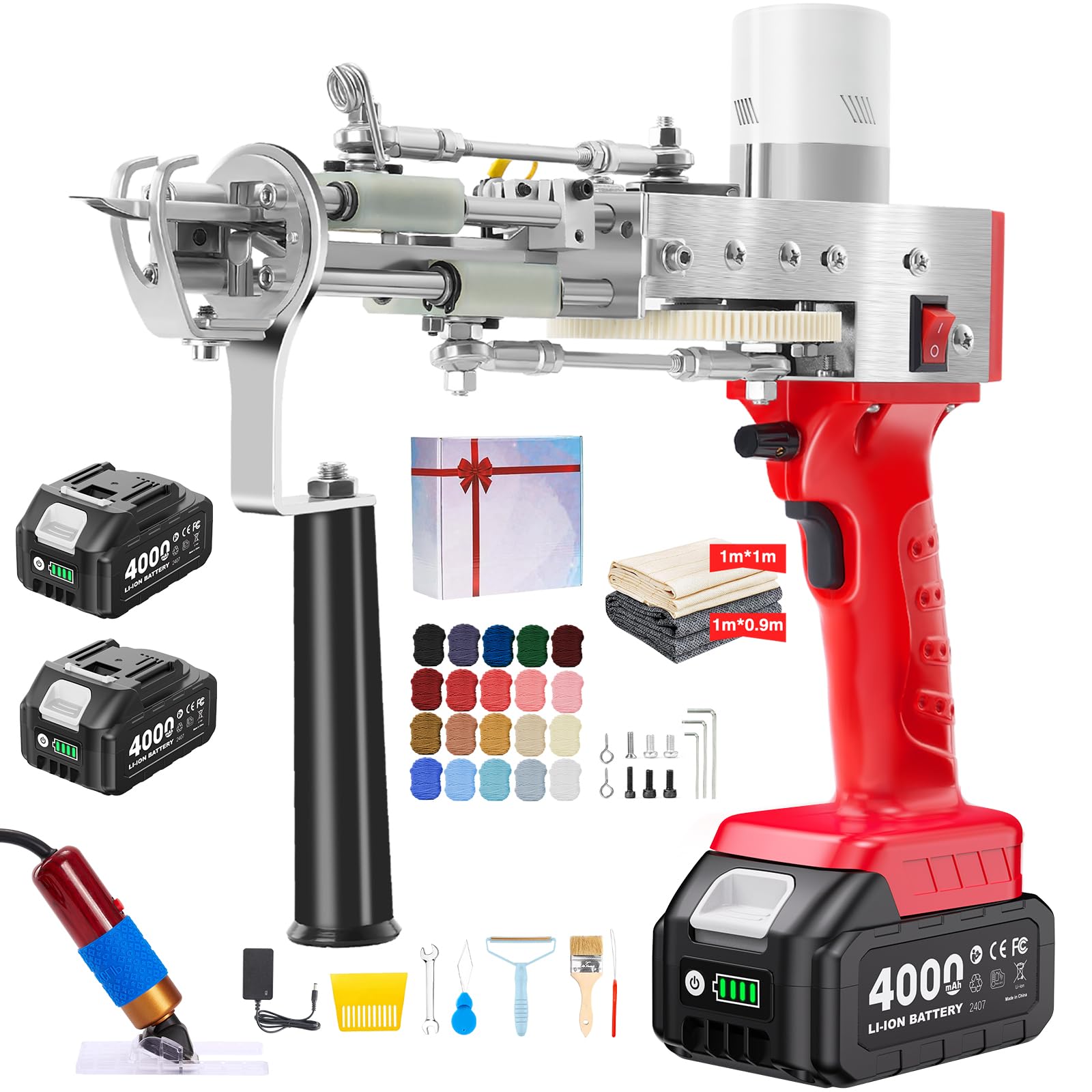 BESGEER Akku-Teppich-Tufting-Pistole mit Teppichschneide-Set, Tufting Gun Starter Kit inkl. 2 Stück 4,0Ah Batterien, 2-in-1-Tufting Kit Complete für Schnitt- und Schlingflor