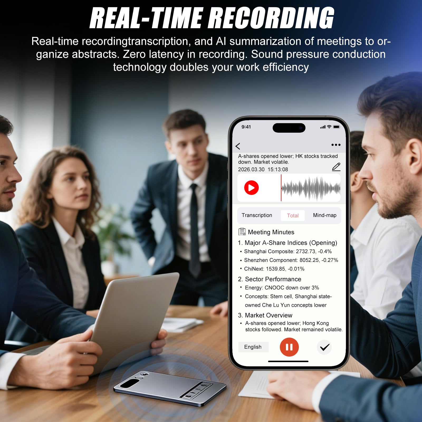 Grabadora de Voz IA, 64GB Grabadora Digital para Conferencias y Llamadas, Transcribe Resume con IA, Soporta 118 Idiomas, Control de Aplicación Ideal para Reuniones,Conferencias,Entrevistas