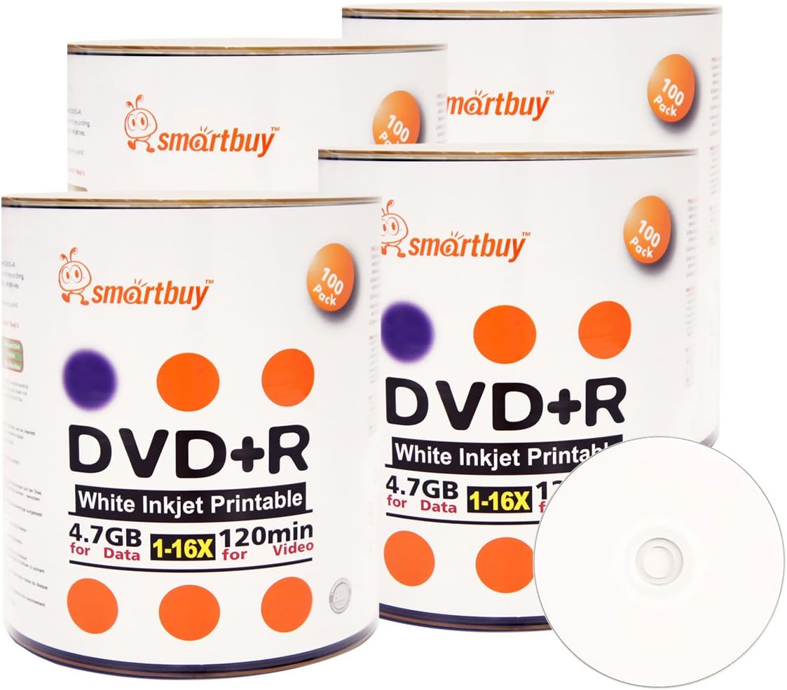 Smart Buy 400 Pack DVD+R 4.7gb 16x White Printable Inkjet Blank Media Record Disc, 400 Disc 400pk