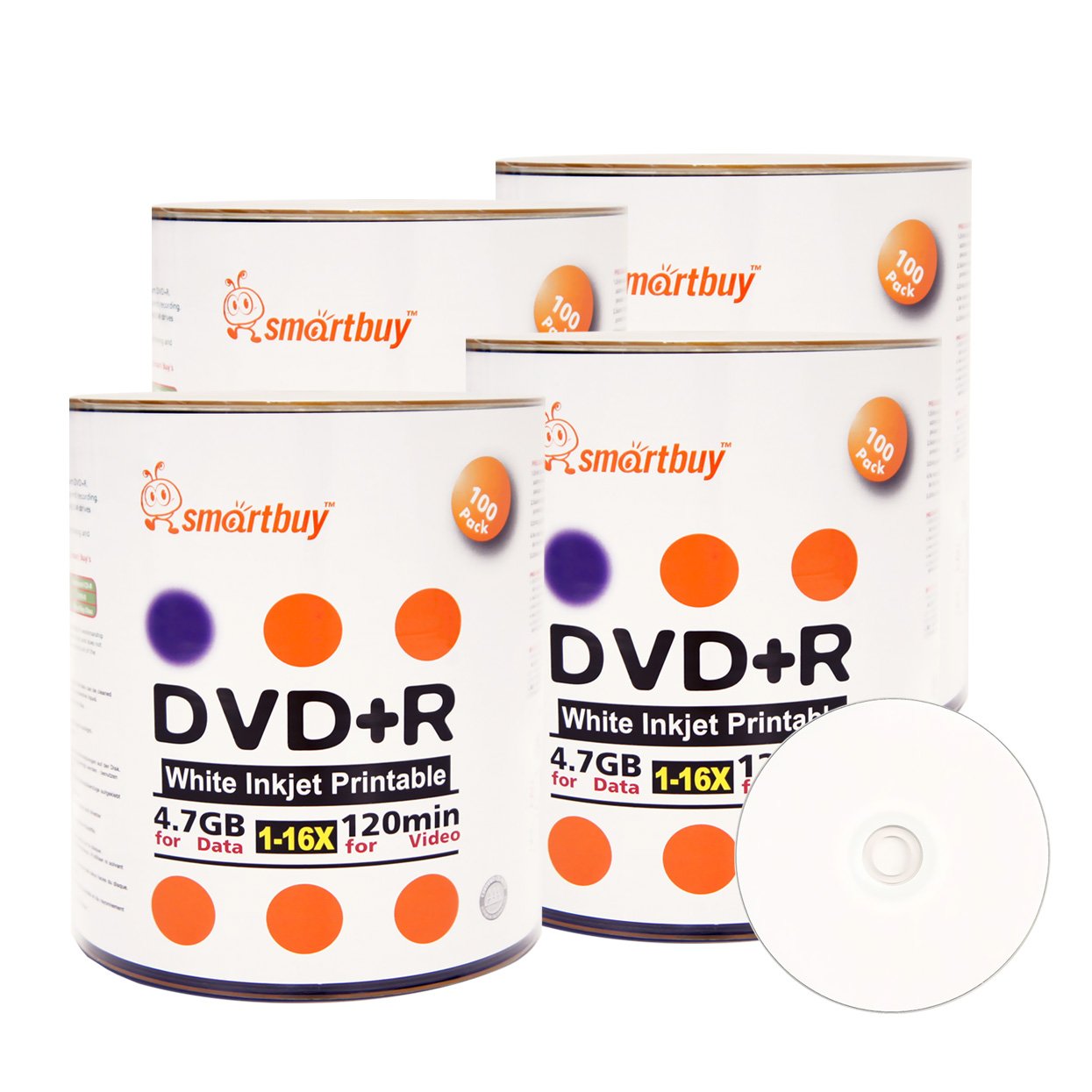 Smartbuy 400-disc 4.7gb/120min 16x DVD+R White Inkjet Hub Printable Blank Data Recordable Media Disc