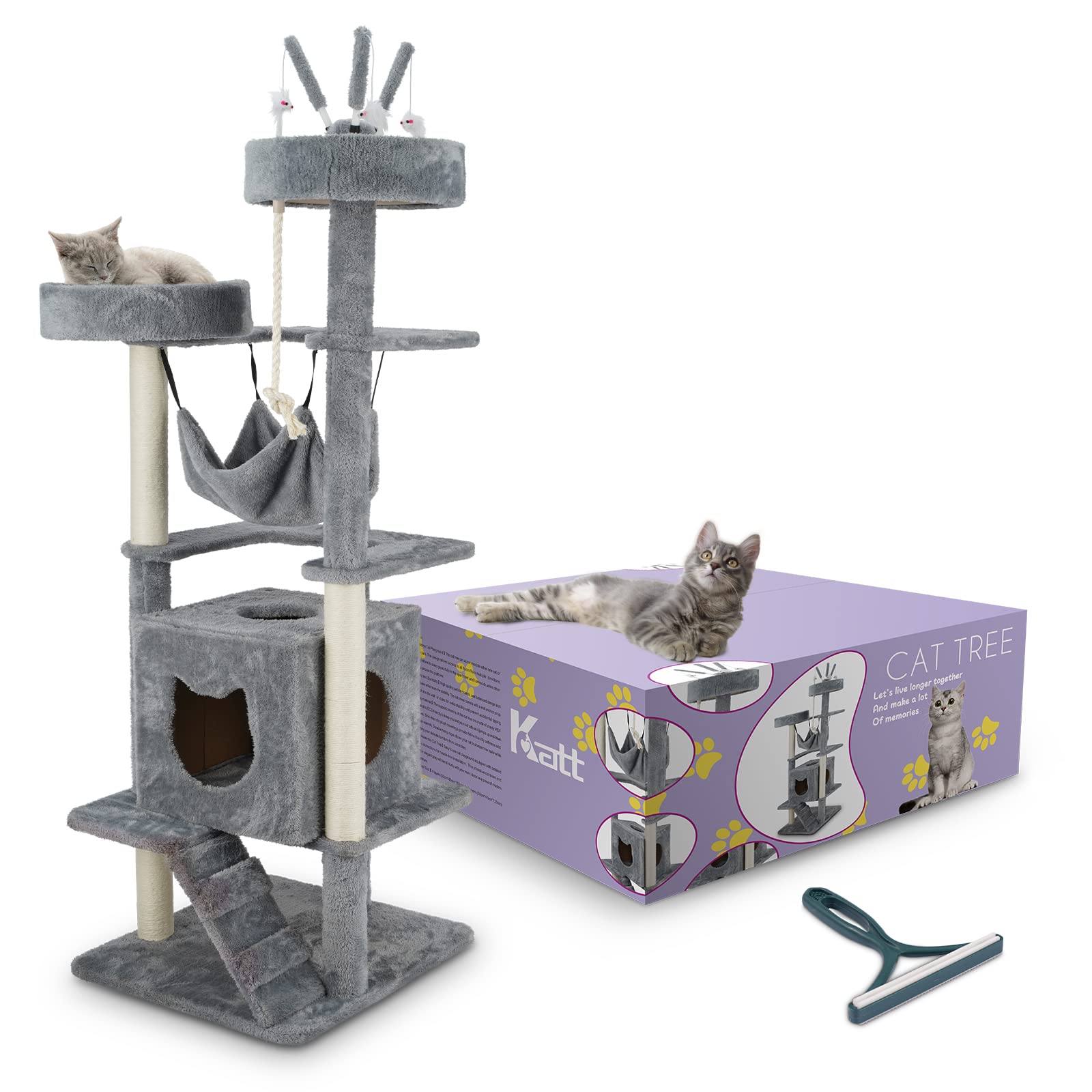 Cat Tree with Cat Bed, Big Cat House & Cat Scratching Post- Cat Hammock- Rope To Hold The Cat Tower & Lint Remover -Katt Indoor Cat Tree House Cats Beds- Cat House-Cat Scratcher- 50x54x138-159 cm Gray