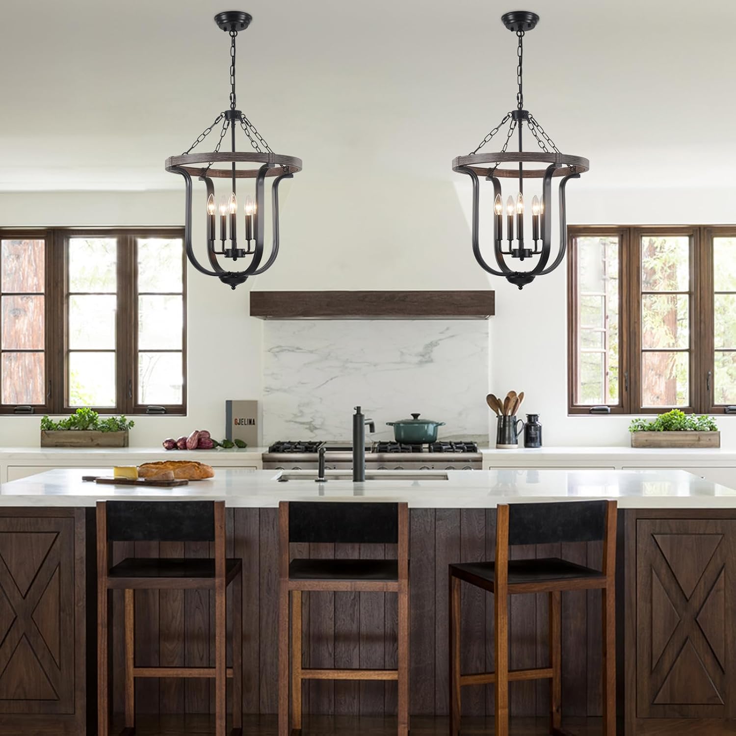 Farmhouse Chandeliers for Dining Room, 18.9” Black Kitchen Pendant Lighting Over Island Metal and Faux Wood Rustic Chandelier 5 Lights, Height Adjustable Foyer Lighting Fixtures