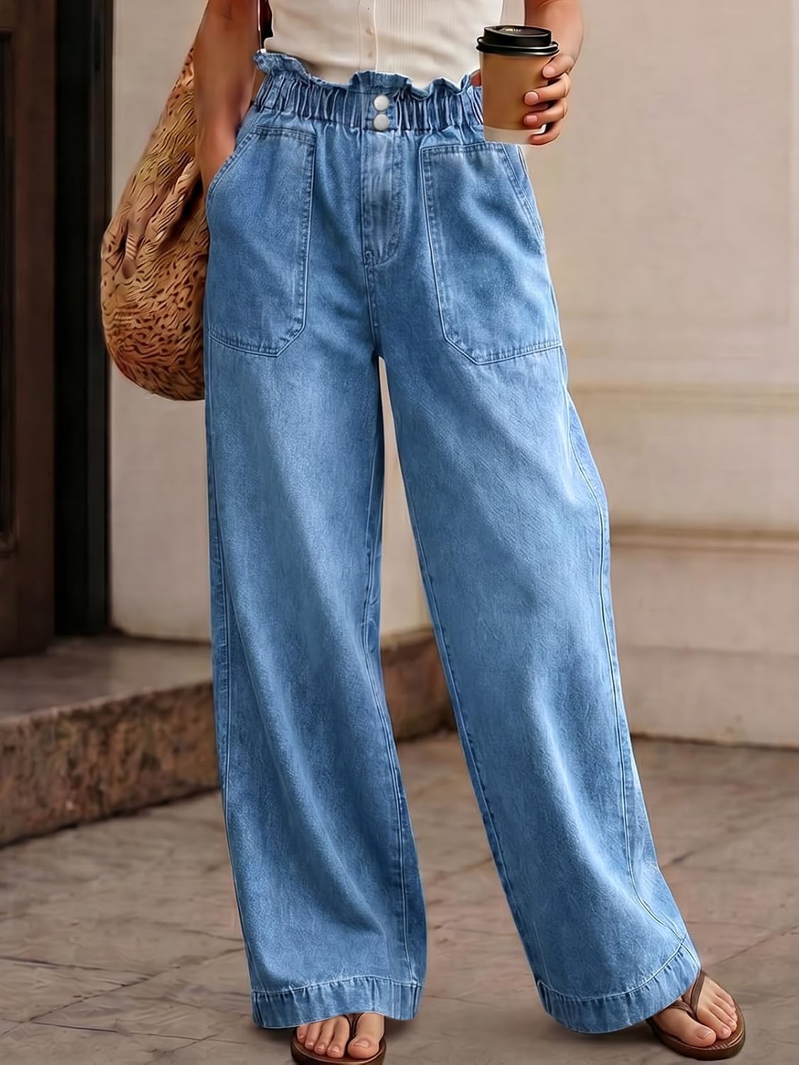 Flowyair Womens Ruffle Wide Leg Jean High Waisted Baggy Pleated Denim Pants | Elastic Waisted Jeans, Straight Leg, Trendy Casual, Loose Fit, Vintage Jeans