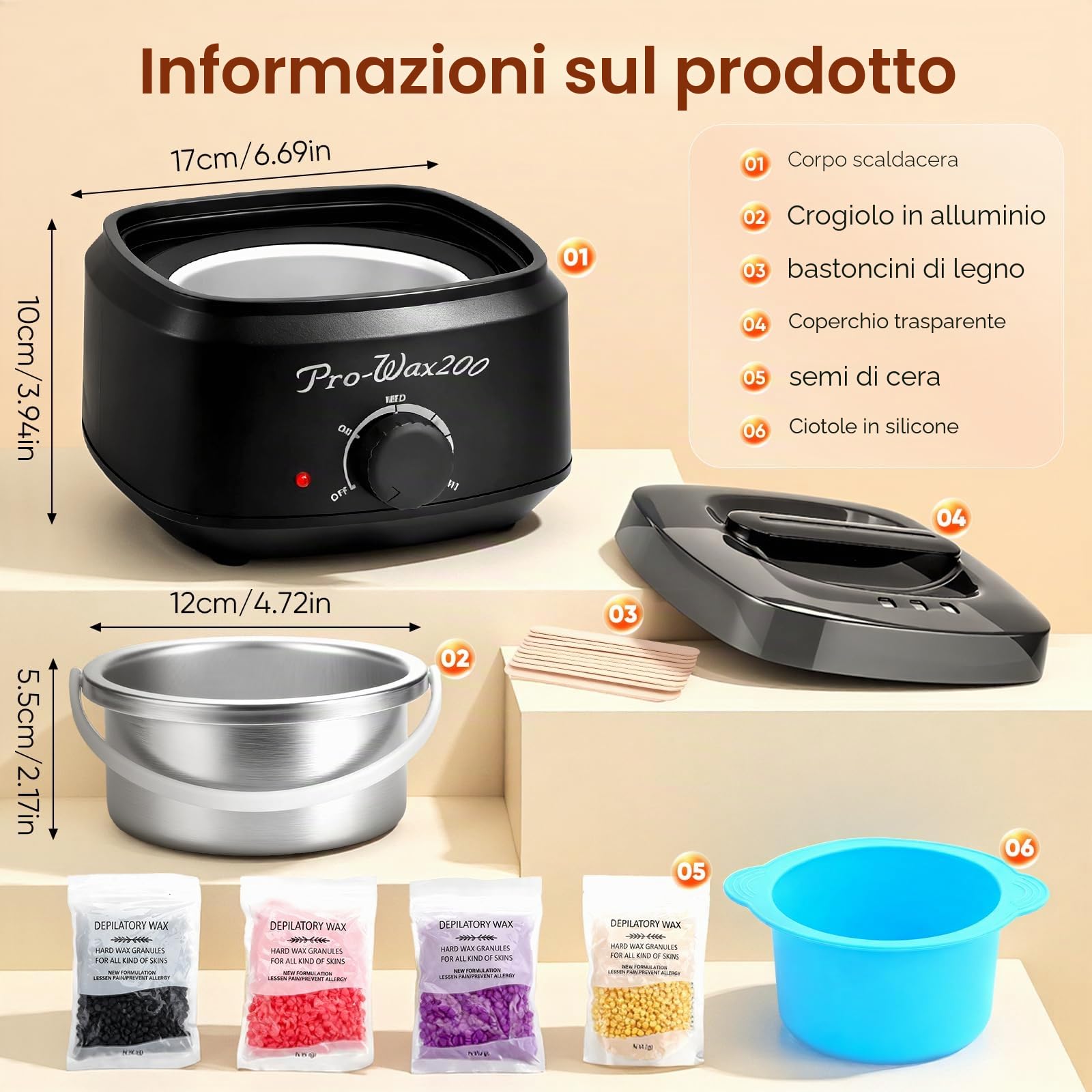 Scaldacera Kit Ceretta Brasiliana Professionale con 4 Barrette di Cera 100g, Wax Warmer per Depilazione Corpo Completo, Kit Depilazione con Ciotola in Silicone e Spatole Uomo Donna