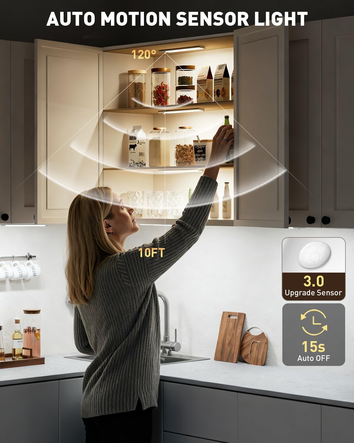 Under Cabinet Lighting Wireless Motion Sensor Light Indoor, 12" Rechargeable Kitchen Bar Lights, 300LM Ultra-Bright Cabinet Lights with Remote, 2500mAH, USB-C, 3 Colors, 3 Pack​s