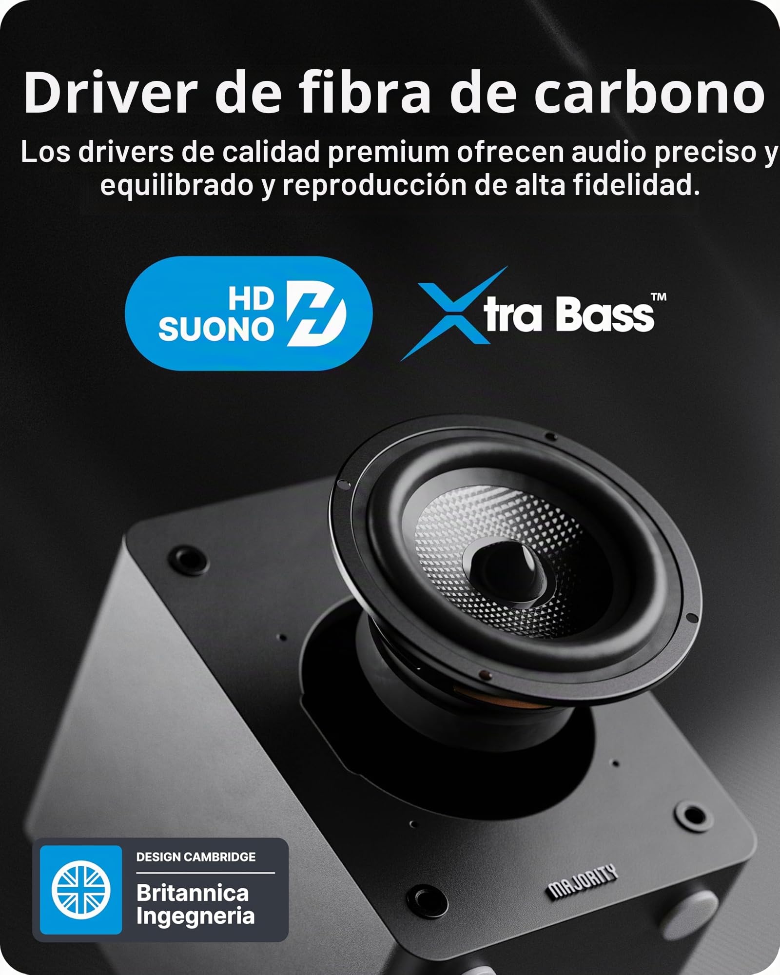 MAJORITY D50X Altavoces Activos 2.0 de 60W para PC | Altavoces HiFi de estantería con Bluetooth 5.3, HDMI ARC y AUX | Monitores de Estudio con chasis de Fibra de Carbono (Negro)
