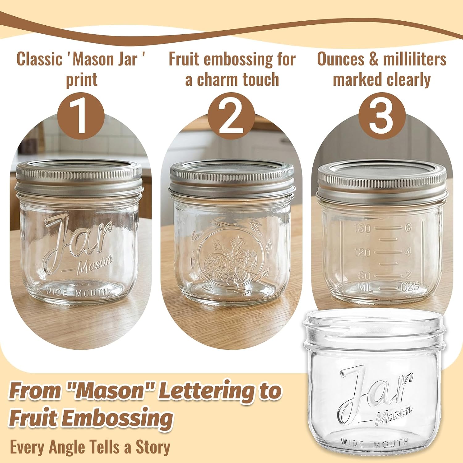 8 oz Wide Mouth Mason Jars with Embossing Pattern&Volume Marks,12 Pack Half Pint Canning Jars with Tags & Brush,Glass Storage Jars with Lids for Yogurt,Overnight Oats,Food Storage,Gift Giving & Crafts
