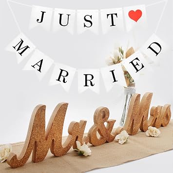 Just Married Banner for Wedding Table - Mr. & Mrs. Wedding Decoration Items, Rose Gold Wood Letter, Anniversary Party Valentines Day Vintage Decor
