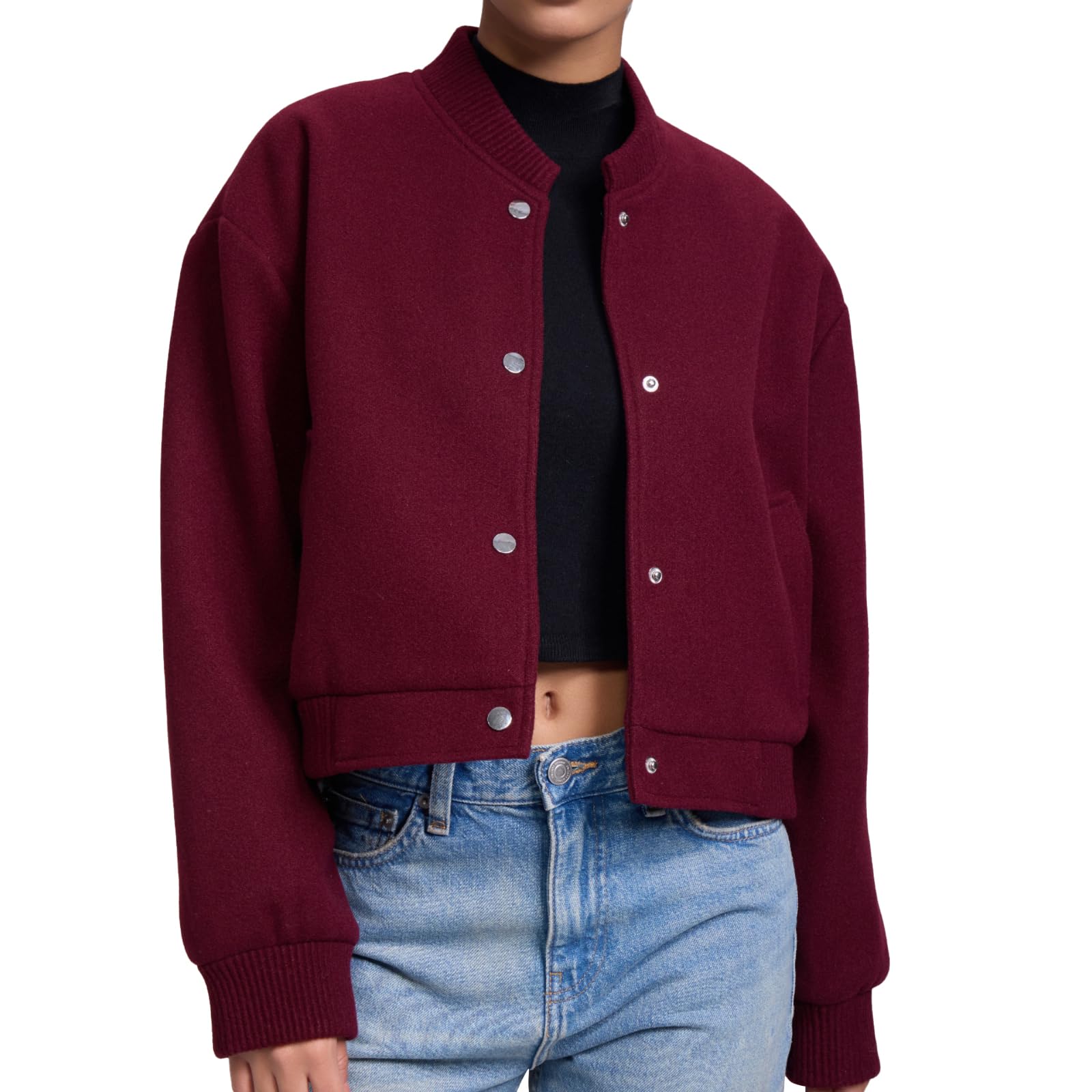 Outta Box Women's Burgundy ’S Wool Look Bomber Jacket, Button Up Baseball Coat With Stand Collar, Oversized Casual Outerwear For Autumn Winter Christmas (Uk, Alpha, S, Regular, Regular, )