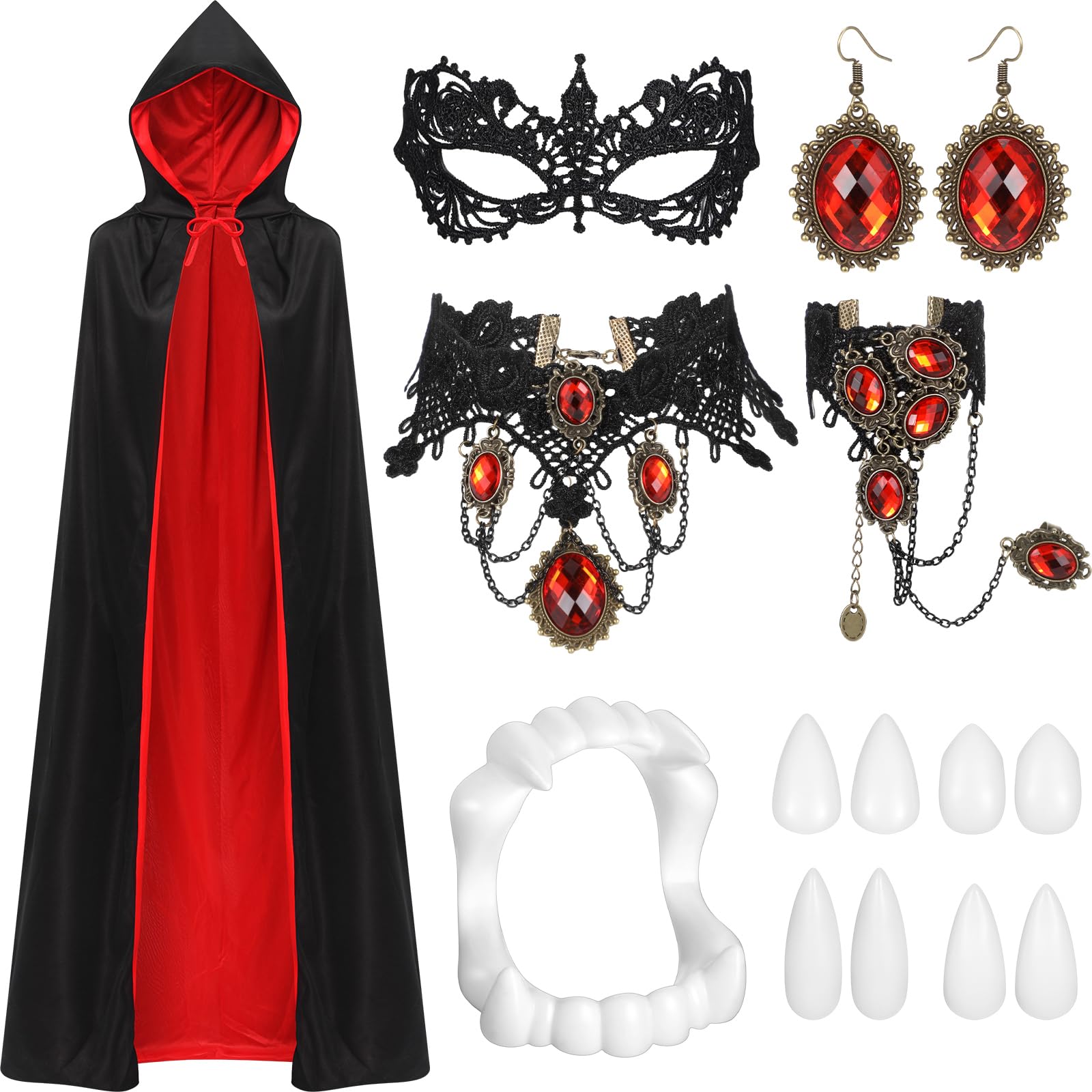 14 Pcs Halloween Vampire Costume Set Hooded Cape Mask Earrings Choker Bracelets Tattoo Scar Fangs for Zombie