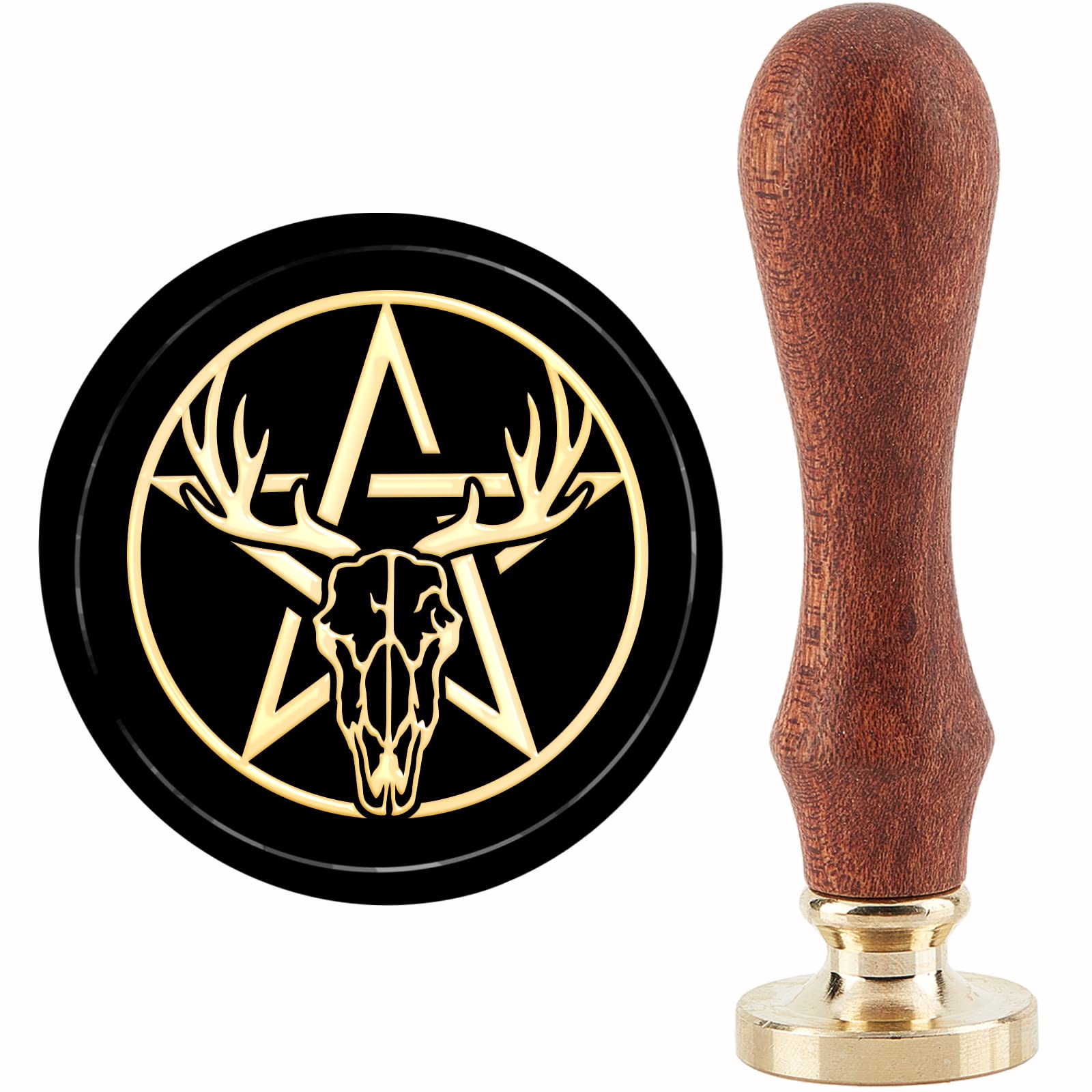 craspire Cerf Tête de Mort Sceau de Cire Tampon Pentagramme Tampon de Cire à Cacheter 30 mm/1.18 Pouces Tête en Laiton Amovible Timbre D'Étanchéité avec Manche en Bois pour Cartes D'Invitations