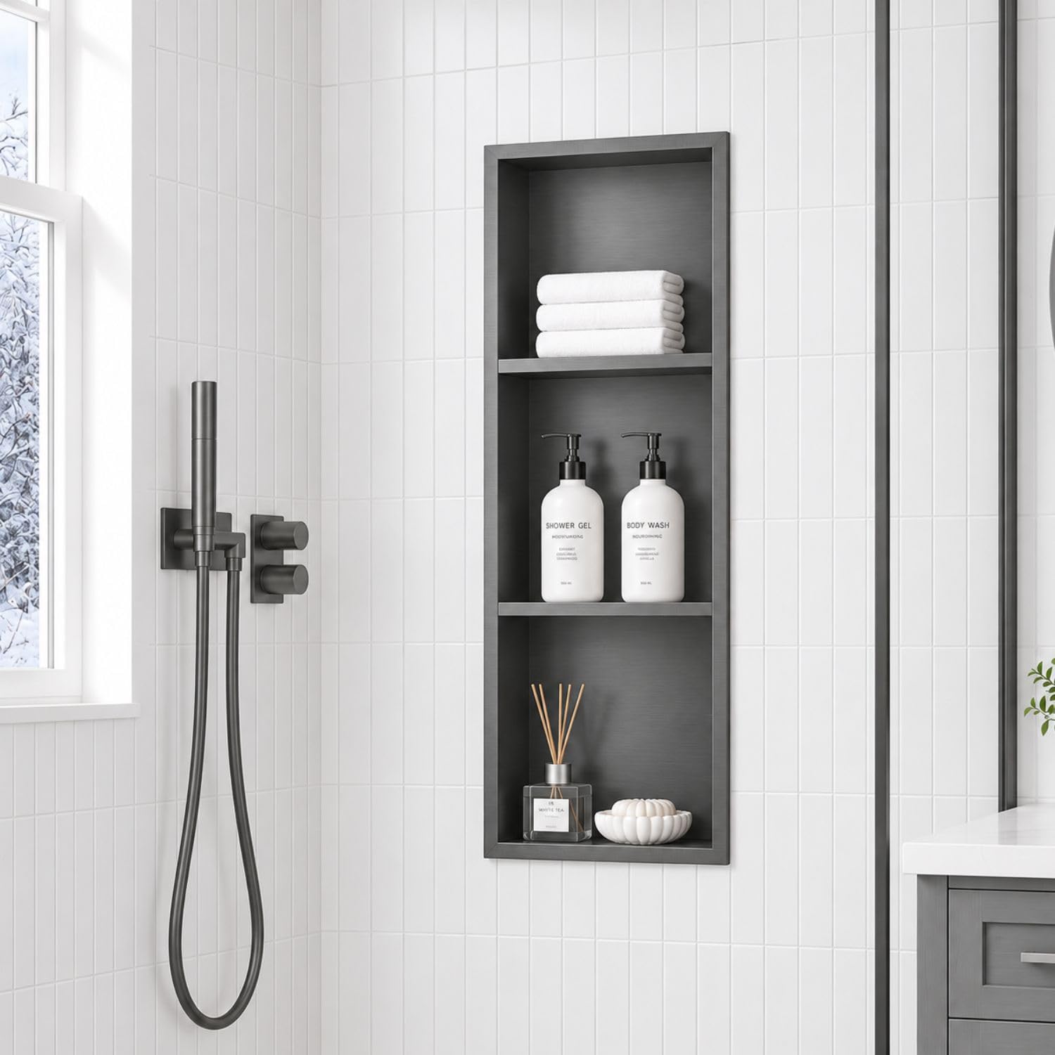 36 x 12 Inch Stainless Steel Shower Niche, No Tile Needed Wall Niche with 3- Tier Shelves, Recessed Wall Niche Insert for Bathroom Shower Kitchen Storage, Gun Gray