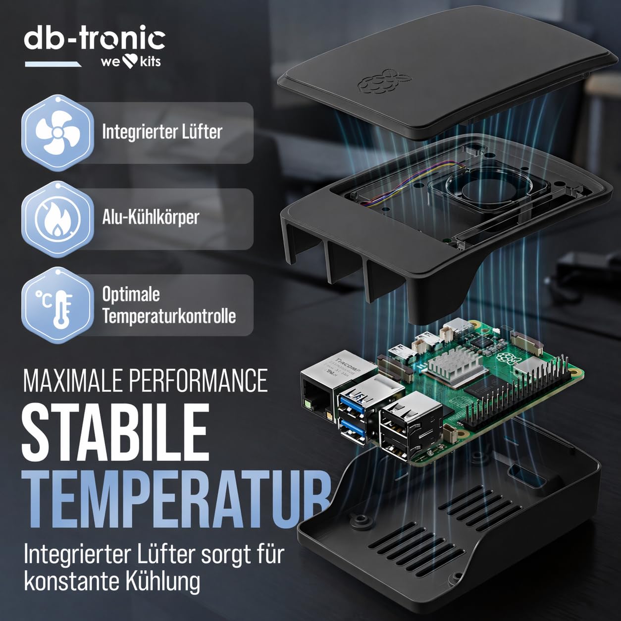 db-tronic Raspberry Pi 5 8GB Starter Set | 64GB Black Edition | Netzteil 27W | Gehäuse mit Lüfter | 4K Micro HDMI Kabel | Ideal für Smart Home, Retro Gaming & Home Assistant - 4