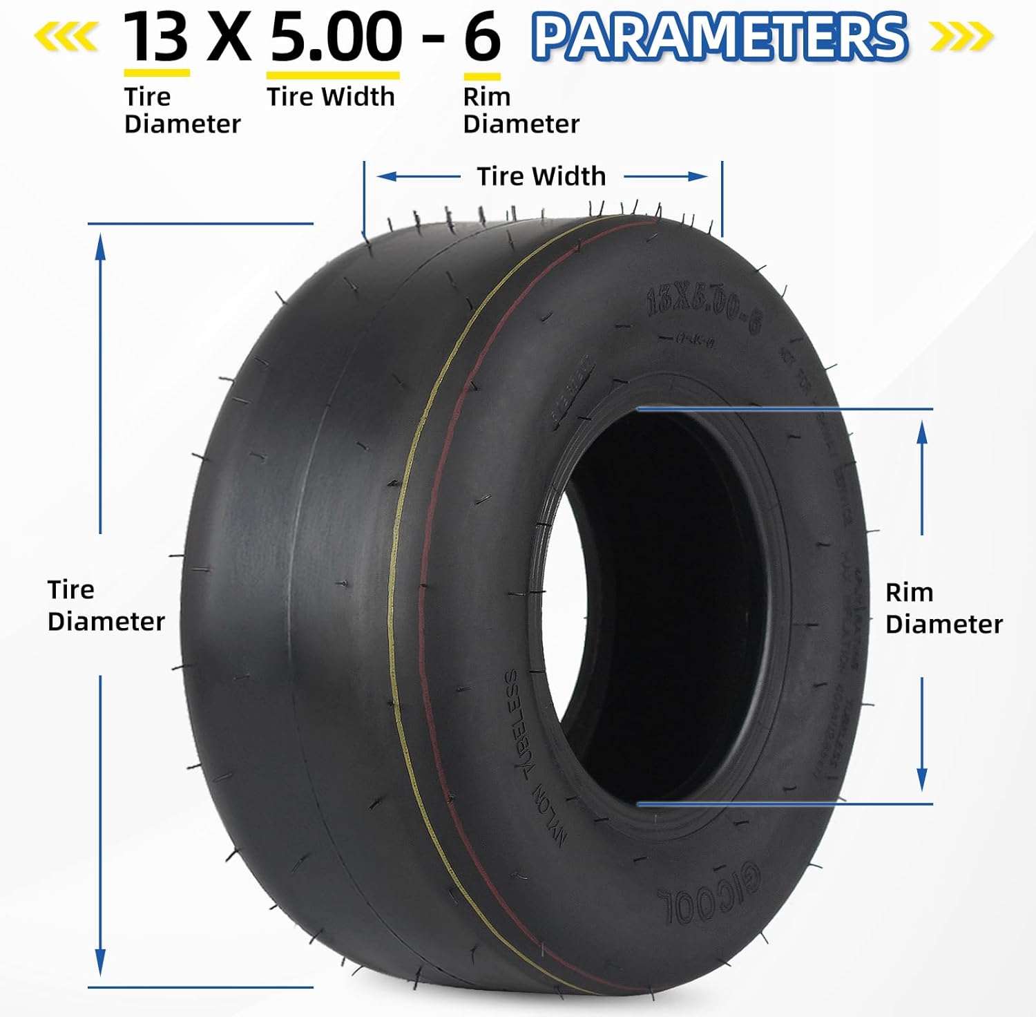 GICOOL (2 Pack) 13x5.00-6 Lawn Mower Tubeless Tire, 13x5-6 Riding Zero Turn Lawnmower Smooth Turf Tyre, 4 Ply