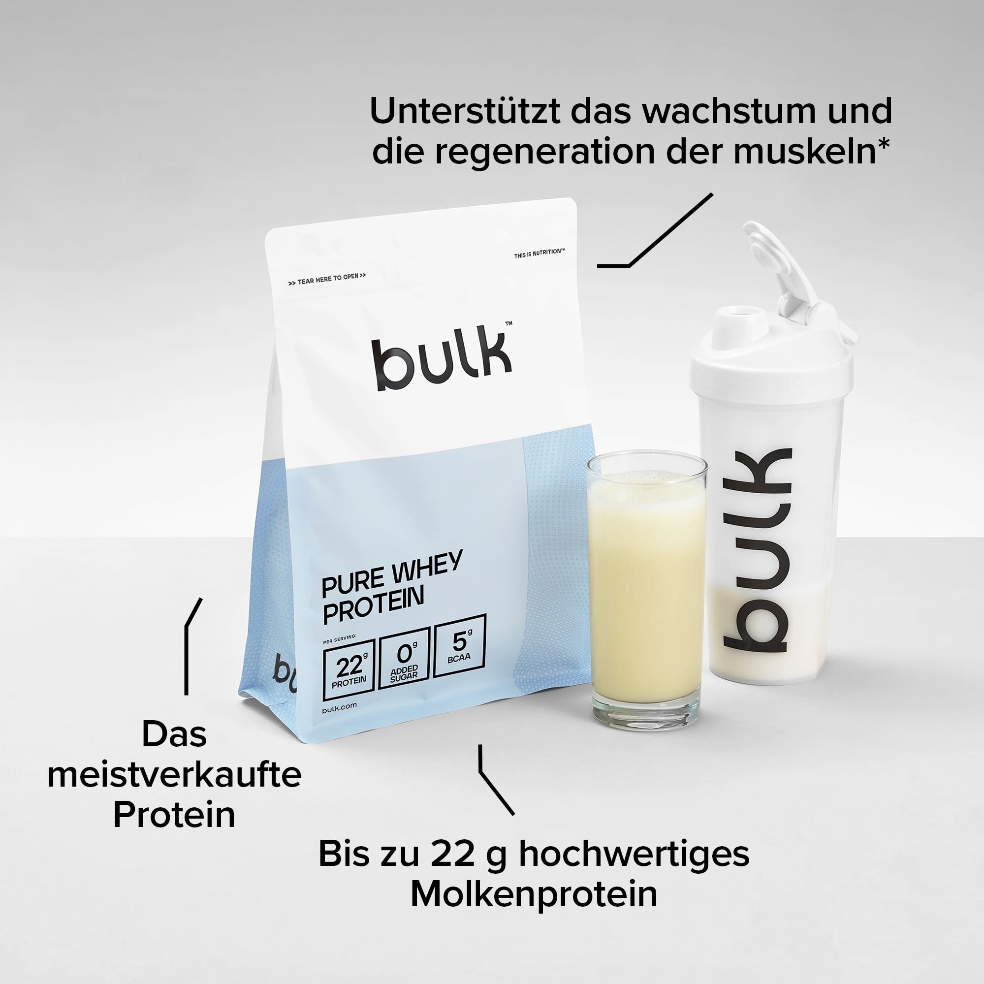 Bulk Pure Whey Protein Pulver | Vanille | 22g Protein & 5g BCAAs pro Portion | Whey Konzentrat Shake | Wenig Zucker | Unterstützt Muskelaufbau & Regeneration | Leicht mischbar | Vegetarisch | 1kg