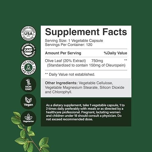 Miniatura 2 de Potent Olive Leaf Extract Cápsulas  Suplemento antioxidante de alta resistencia con hoja de olivo pura con 20% de oleuropeina  Suplemento herbario