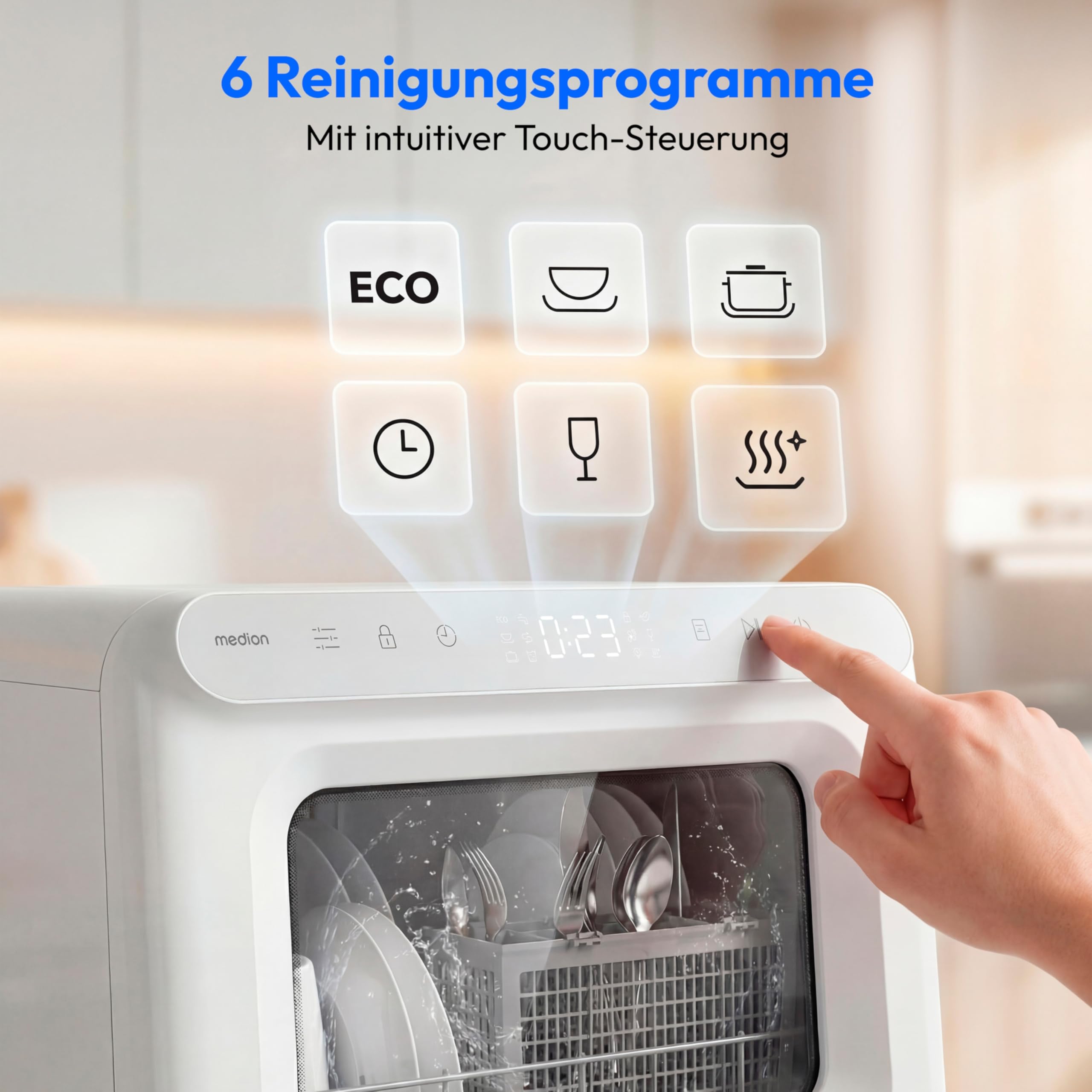 MEDION Mini Geschirrspüler DWT30 3 Maßgedecke 3in1 Tischgeschirrspüler 6 Programme UV-Licht freistehend