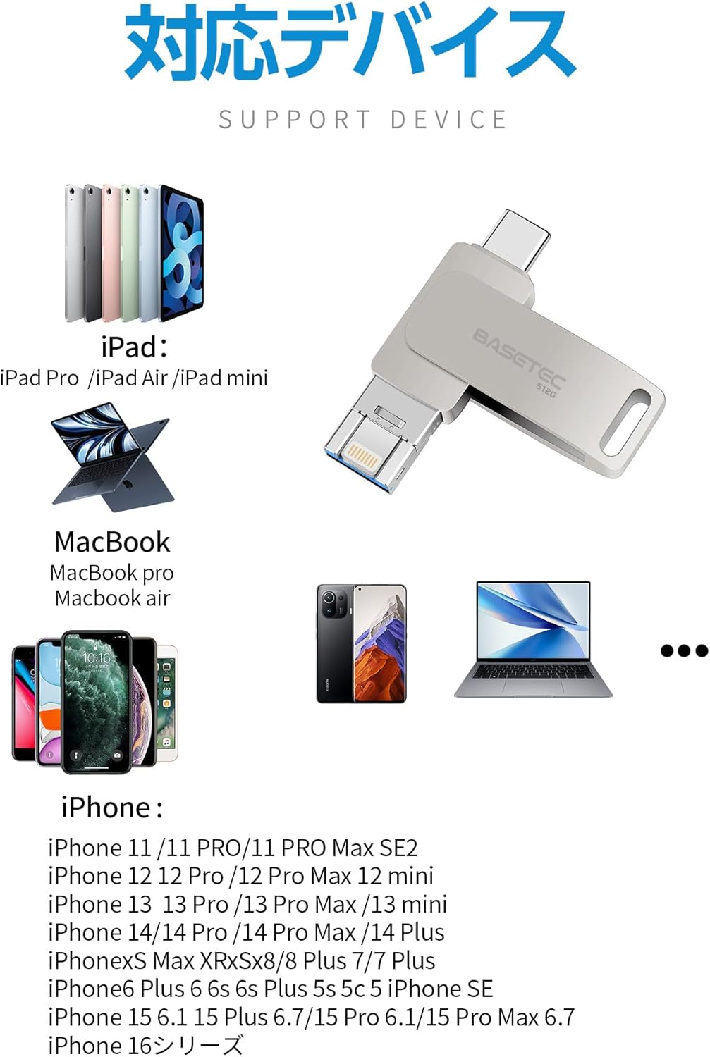 Supported devices for BASETEC 3-in-1 USB Flash Drive