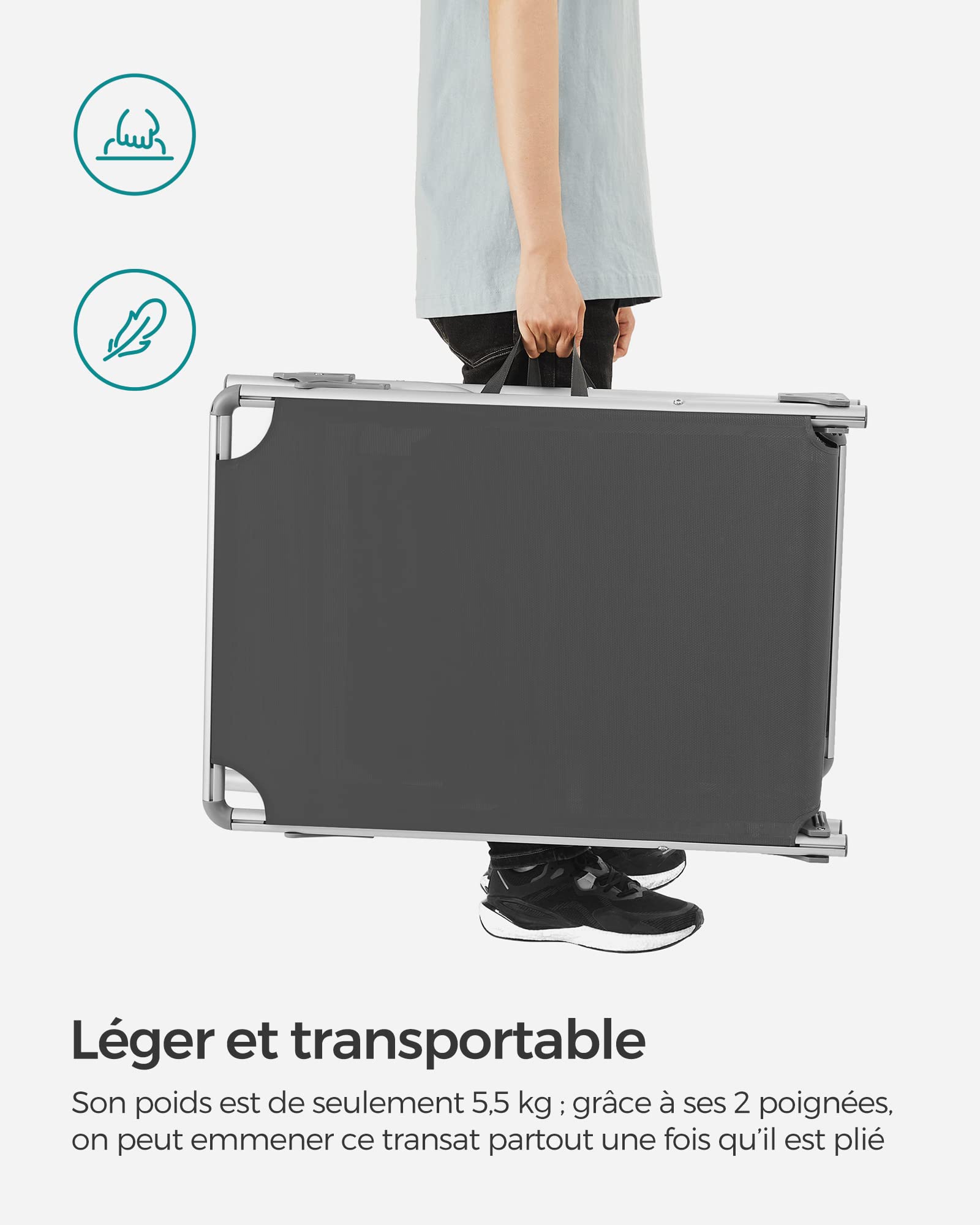 SONGMICS Bain de Soleil, Chaise Longue Pliable, Transat, 193 x 55 x 31 cm, Capacité de Charge 150 kg, avec Pare-soleil et Dossier Inclinable, pour Jardin, Piscine, Terrasse, Gris Foncé GCB19GYV1