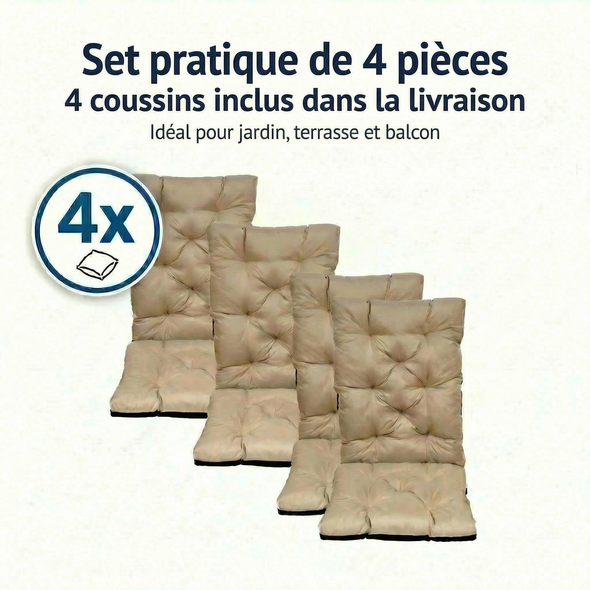 Coussin Salon de Jardin Extérieur avec Dossier, Coussin Fauteuil Jardin Imperméable 120x50x8cm, Coussin Chaise Extérieur Confortable pour Balcon Terrasse (4, Beige)