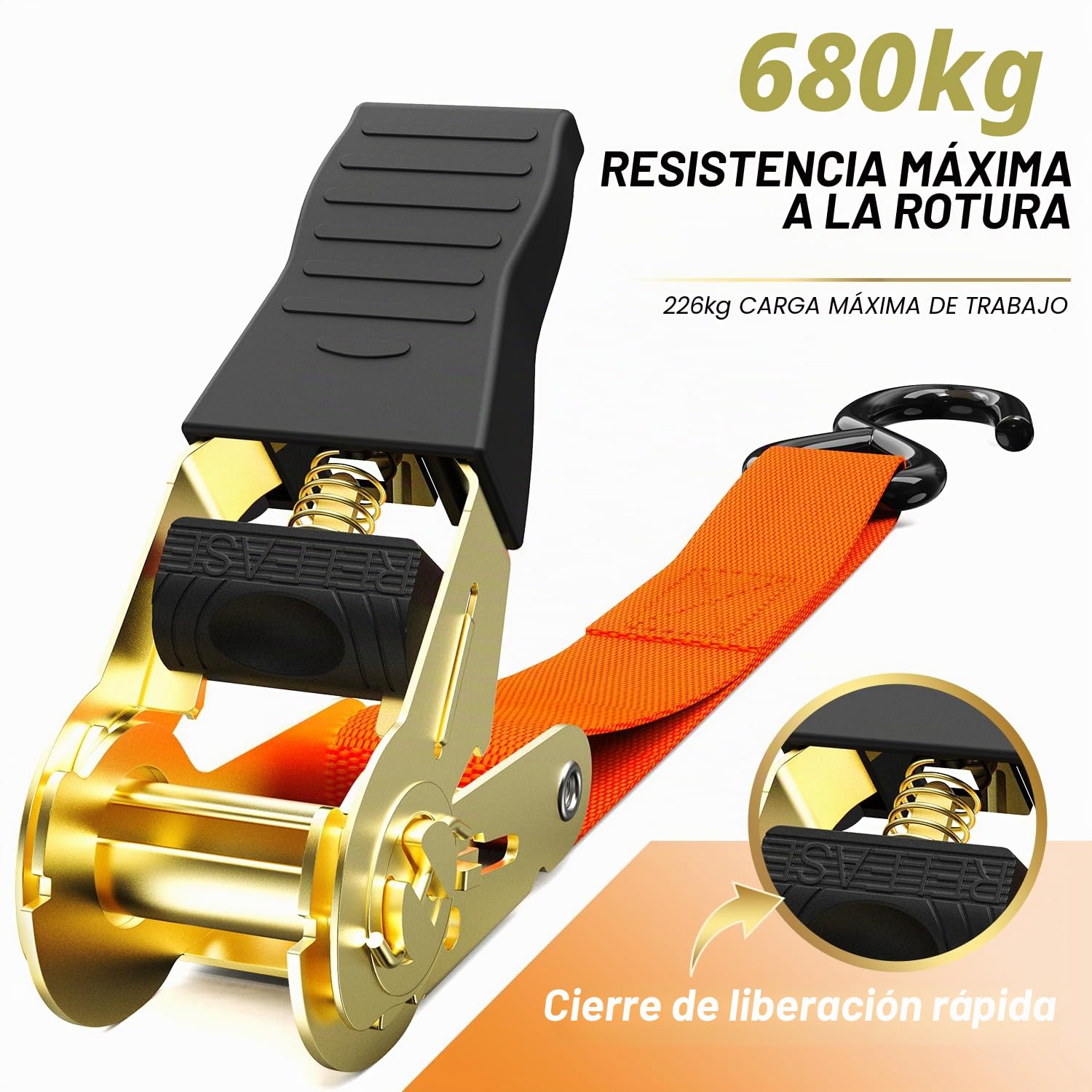 Correa para trinquete Paquete de 8, Ohuhu 4,6m Correas de tensión con trinquete cinchas de Amarre 680 kg al Rompimiento, Set de Correas de Amarre con Tensor de Trinquete con Ganchos de Acero (Naranja)