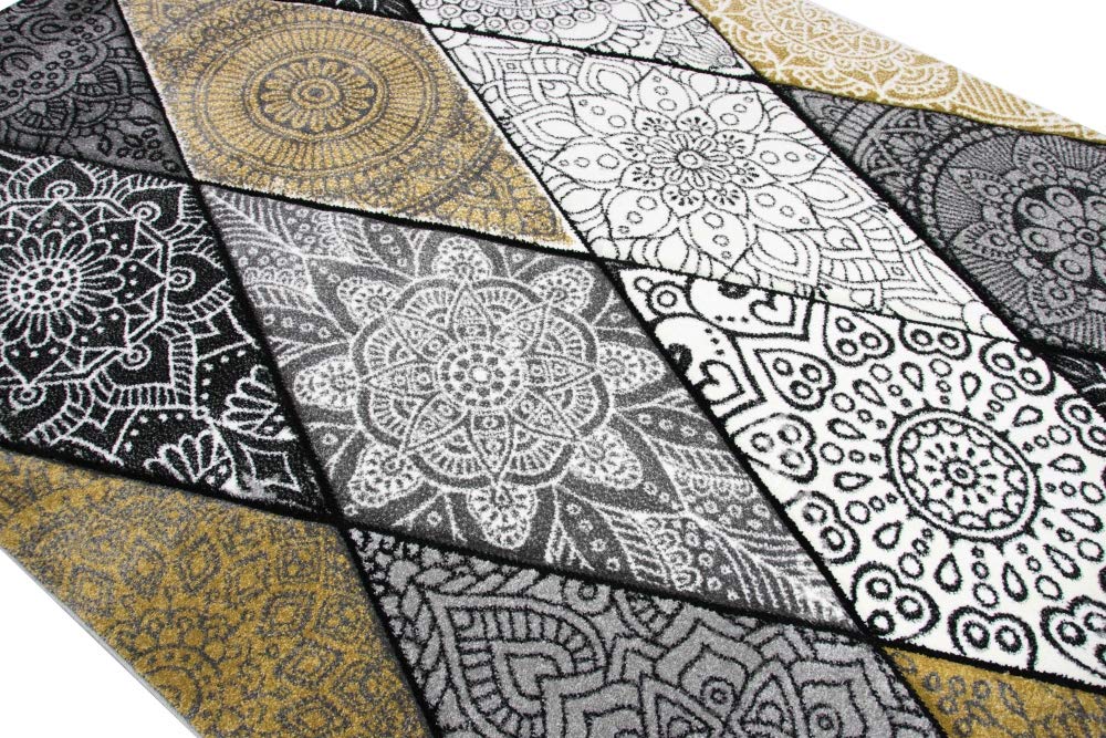 Teppich modern Teppich Wohnzimmer Rauten mit Ornamenten in grau senfgelb Creme Größe 80x150 cm