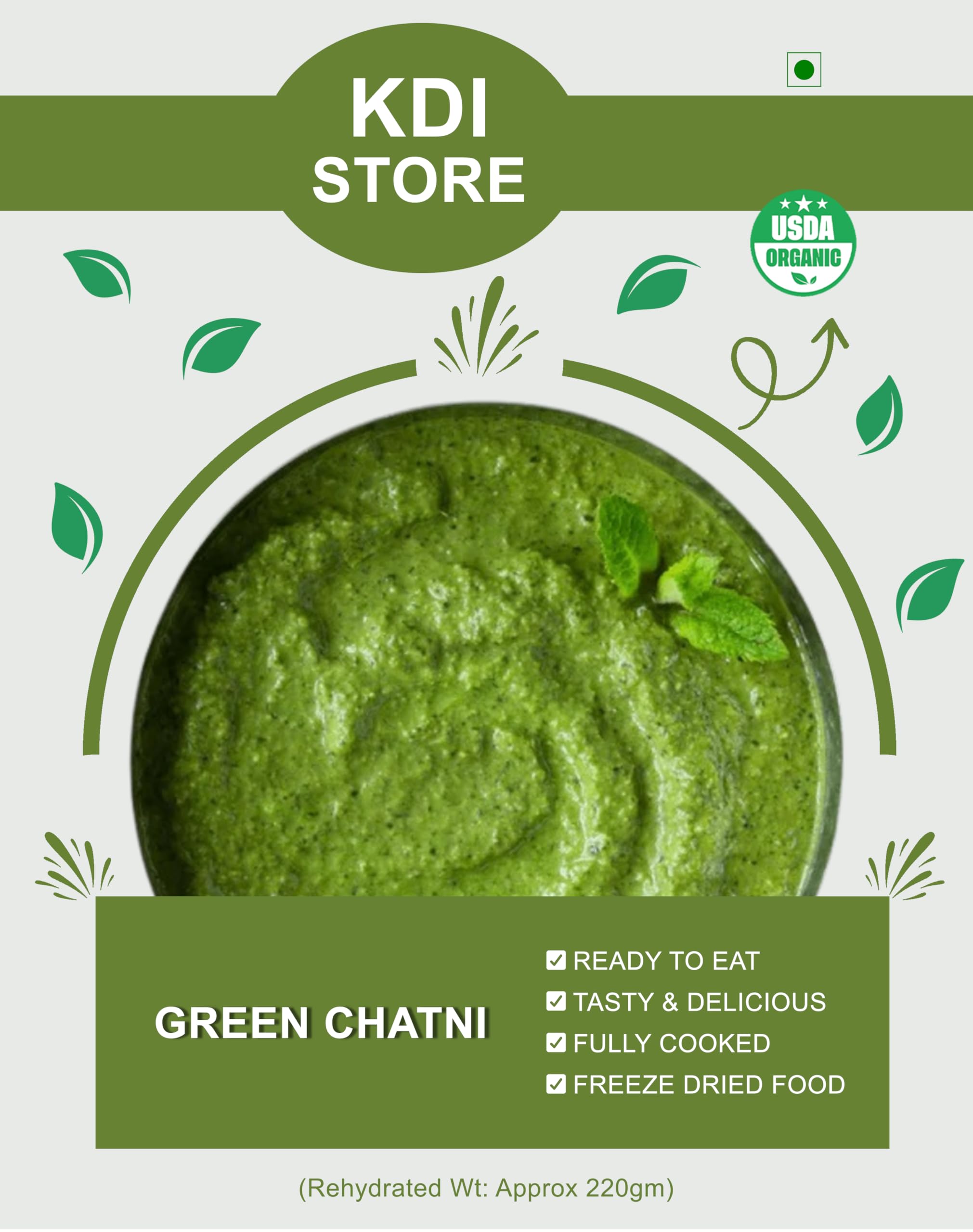 KDI Store Organic Green Chutney, Ready to Eat, Freeze Dried, Fully Cooked Indian Condiment, 30g