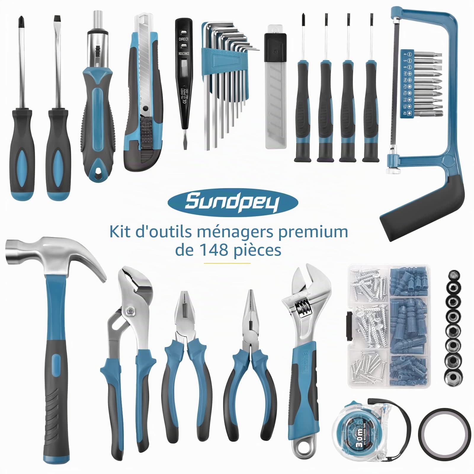 Sundpey Malette à Outils 148 Pièces - Caisse à Outils Complète Portable avec Tournevis et Pinces - Kit d’Outils Idéal pour Maintenance Quotidienne à la Maison ou au Garage Bleu