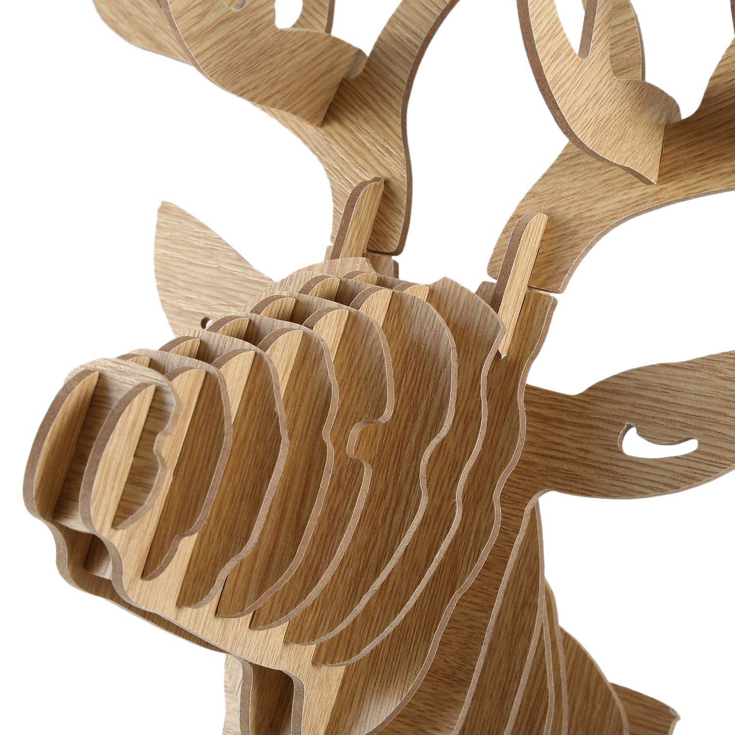 Lobamop Tête de cerf en bois sculptée 3D - Décorative et collier - Beige