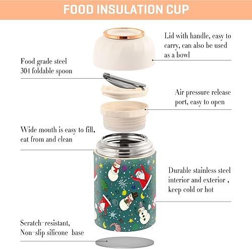 Miniatura 4 de MCHIVER Christmas Santa Snowman Food Jar with Spoon Stainless Steel Vacuum Insulated Food Container 17 oz Thermos for Adults