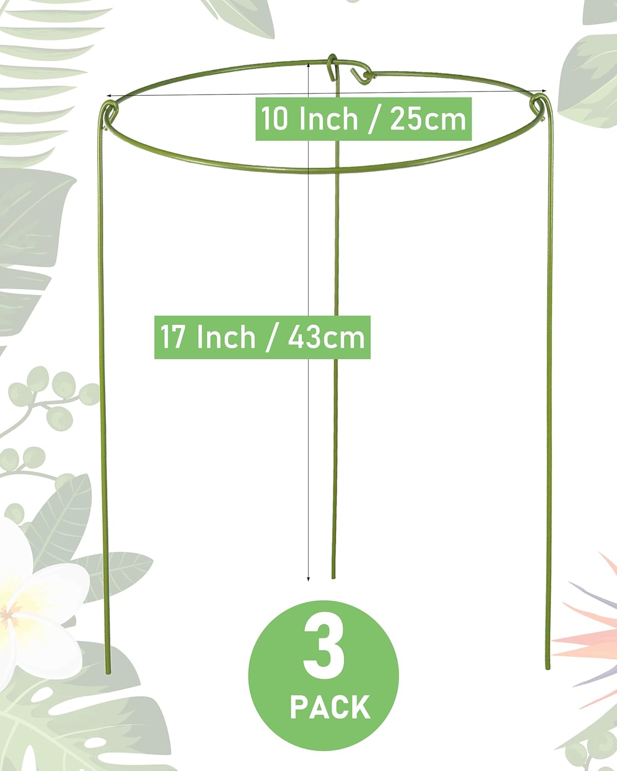 3 Pack Plant Support Stakes, Adjustable Plant Ring Cages with Green Rubber Wrapping, Ideal for Orchids, Indoor and Outdoor Potted Plants, 10" Wide x 17" High - Image 3