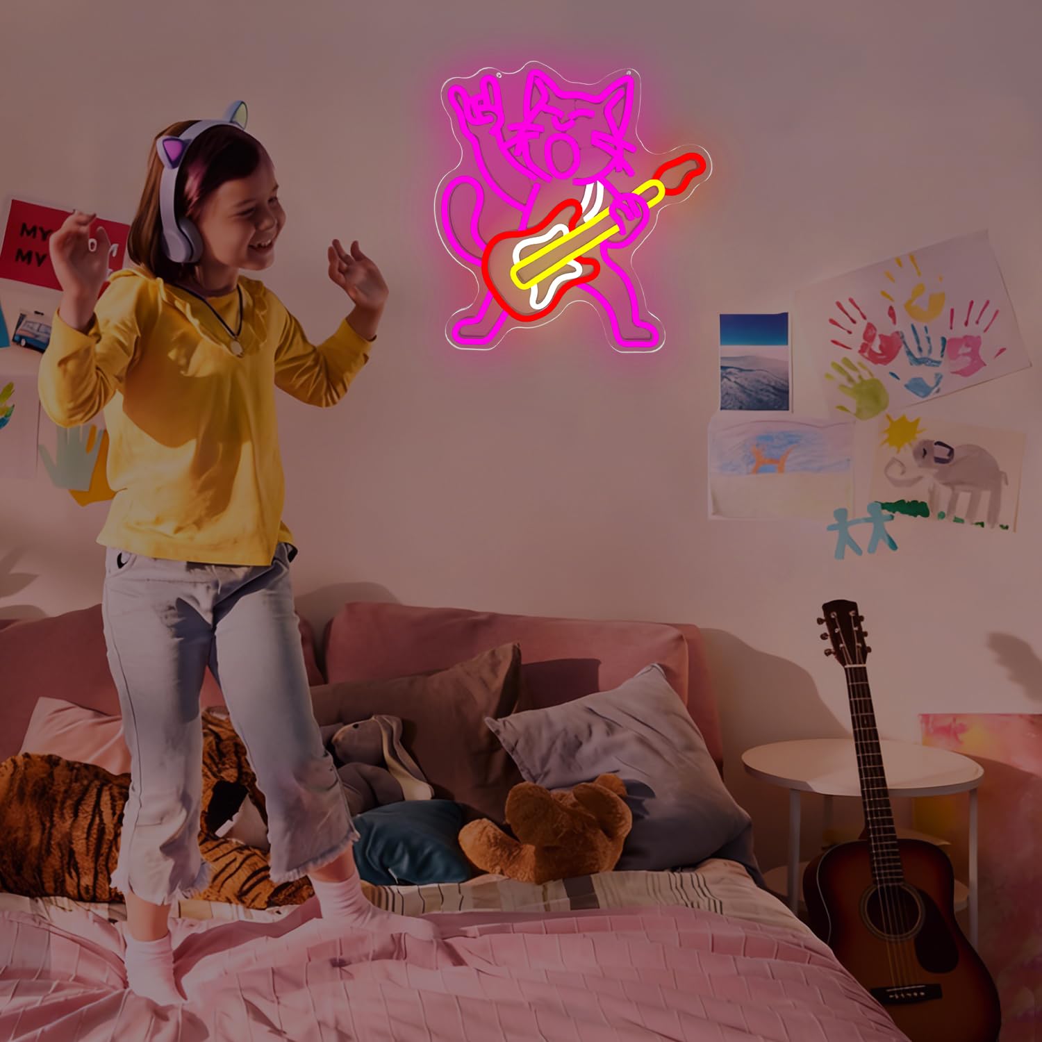 Insegne al neon per chitarra a forma di gatto per decorazione da parete dimmerabile Rock & Roll Kitty Luci al neon USB Gatto che suona la chitarra Segno Led Musica Gatti Decorazione da