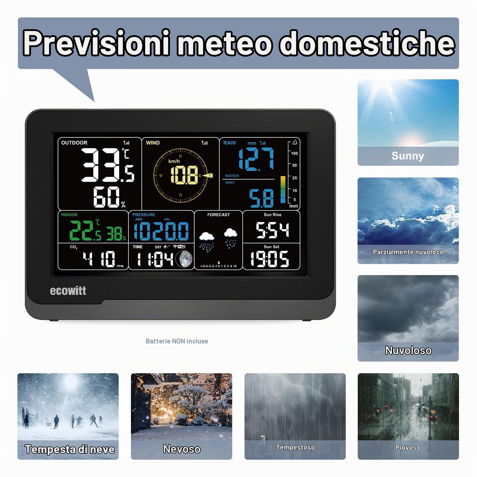 ECOWITT WIFI stazione meteo WS3912 con display LCD da 7,5 pollici per uso domestico, 3 in 1 Sensore meteo senza fili WS85 con pannello solare + un sensore di temperatura-umidità per esterni WN32