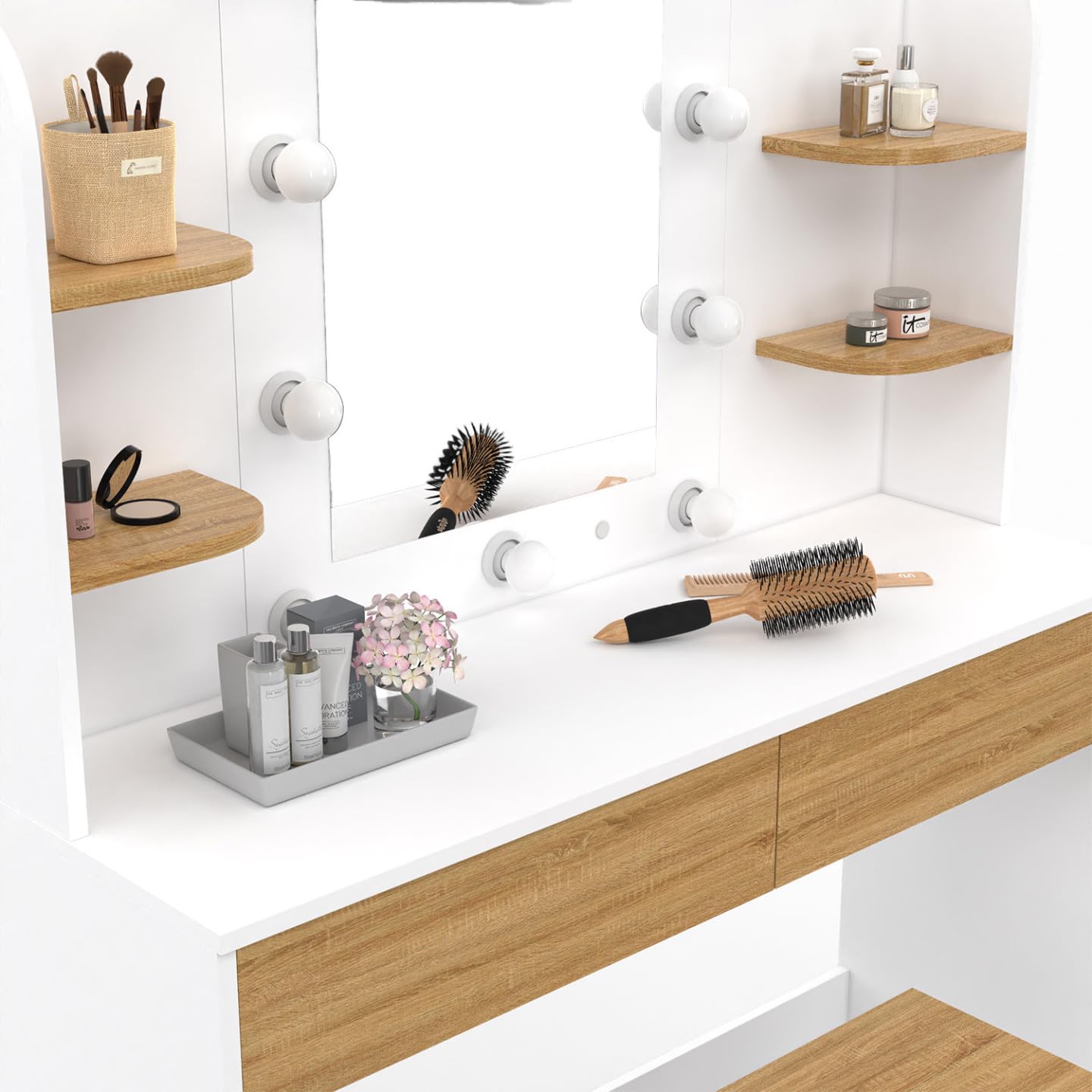 IDMarket - Coiffeuse Zelia Blanc et hêtre Miroir LED