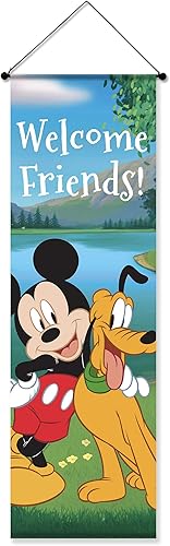 Disney - Pancarta de Mickey Mouse y Pluto Welcome Friends para exteriores, 15 x 47 pulgadas, banderas colgantes para patio, pancarta para puerta