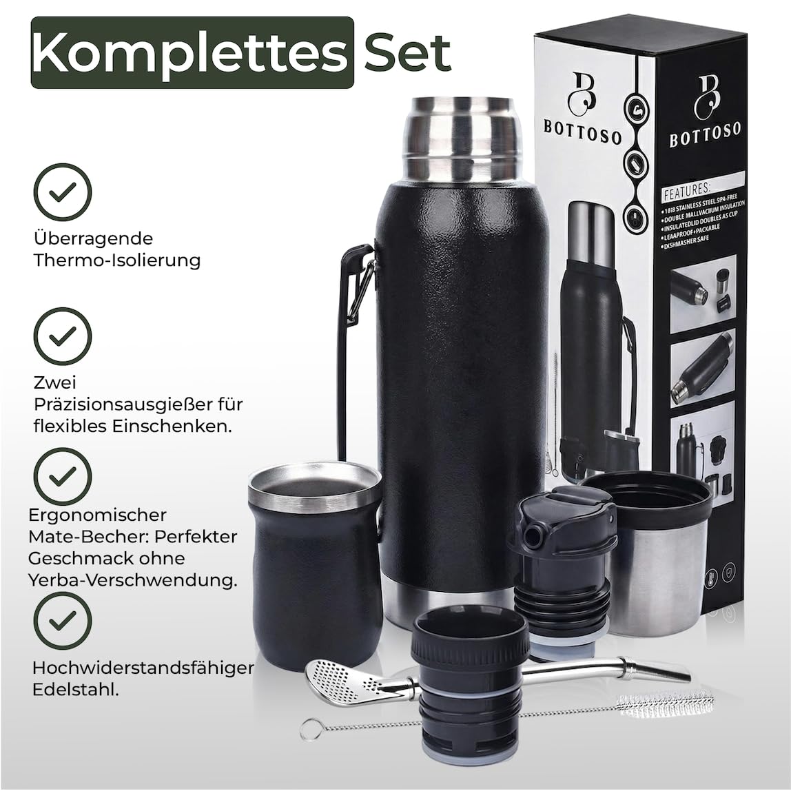 Set Mate Argentino Completo BOTTOSO (1L) - Kit con Thermos Acciaio Inox Doppia Parete 12h Caldo - Include Tazza Mate, Cannuccia (Bombilla), 2 Beccucci Anti-Goccia e Scovolino - Idea Regalo Originale