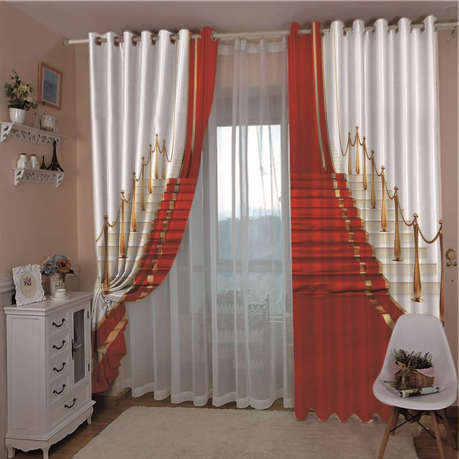 Verdunklung Vorhänge Polyester Blickdicht, Roter Teppich und Treppe Kinderzimmer Vorhang Lang mit Ösen274x160CM