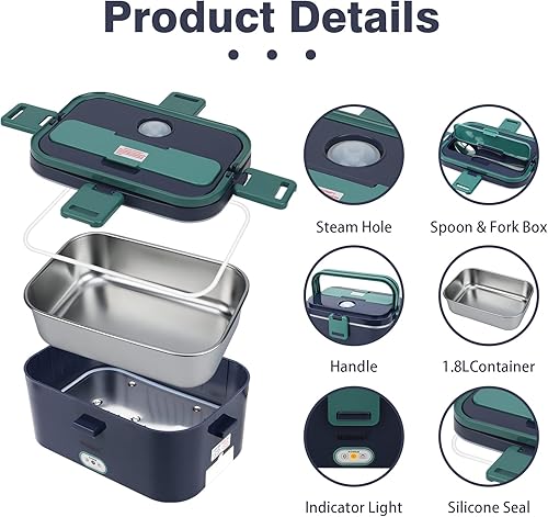 Miniatura 4 de Nidacci Fiambrera eléctrica, calentador de alimentos de 80 W, 3 en 1, portátil, con contenedor de acero inoxidable 304 de 1.8 L, adecuado para