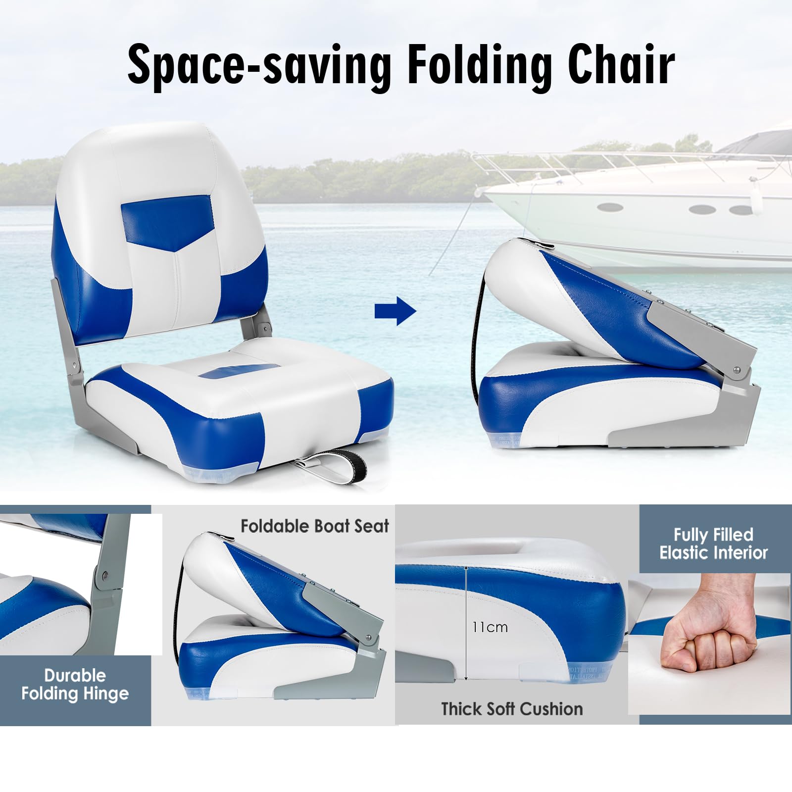 KOMFOTTEU 2 Asientos Plegables para Barco, Sillas Acolchada con Espuma Espesa, Asiento de Yate Ergonómico con Respaldo Alto, Carga de 100 kg, 50 x 52 x 42 cm (Azul)