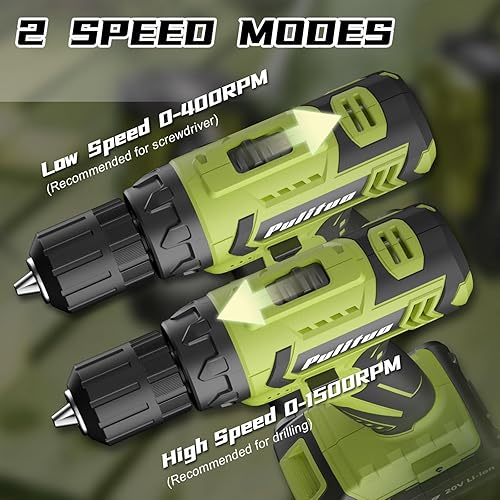 Miniatura 2 de PULITUO Juego de taladro inalámbrico, taladro eléctrico de 20 V con batería y cargador, par de torsión 30N, ajuste de par 21+1, 2 velocidades
