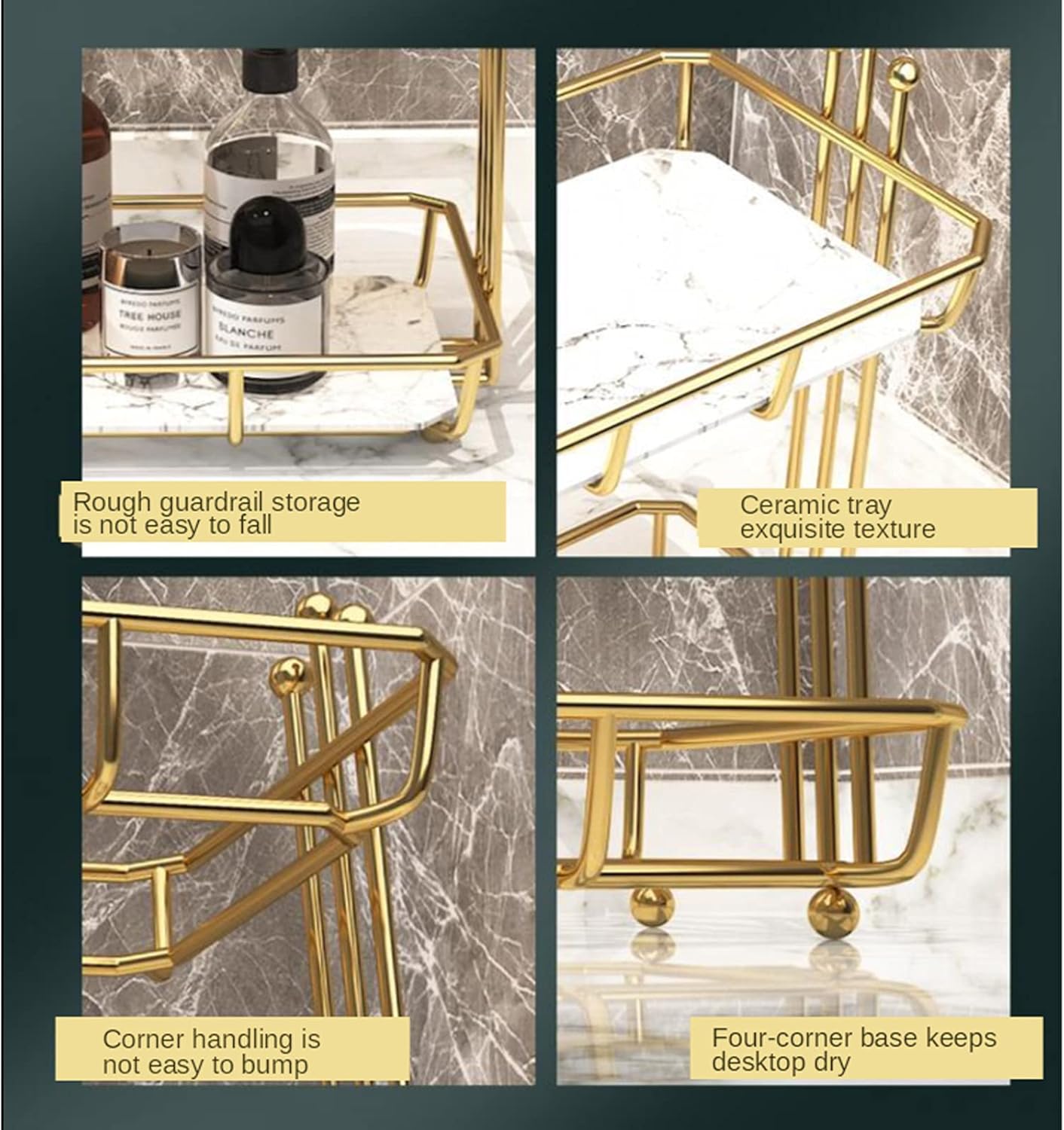 HB1 2-Tier Square Makeup Tray Iron Ceramics Waterproof and Moisture-Proof Jewelry Perfume Organizer for Vanity, Bathroom, Bedroom Free Punch Shelf