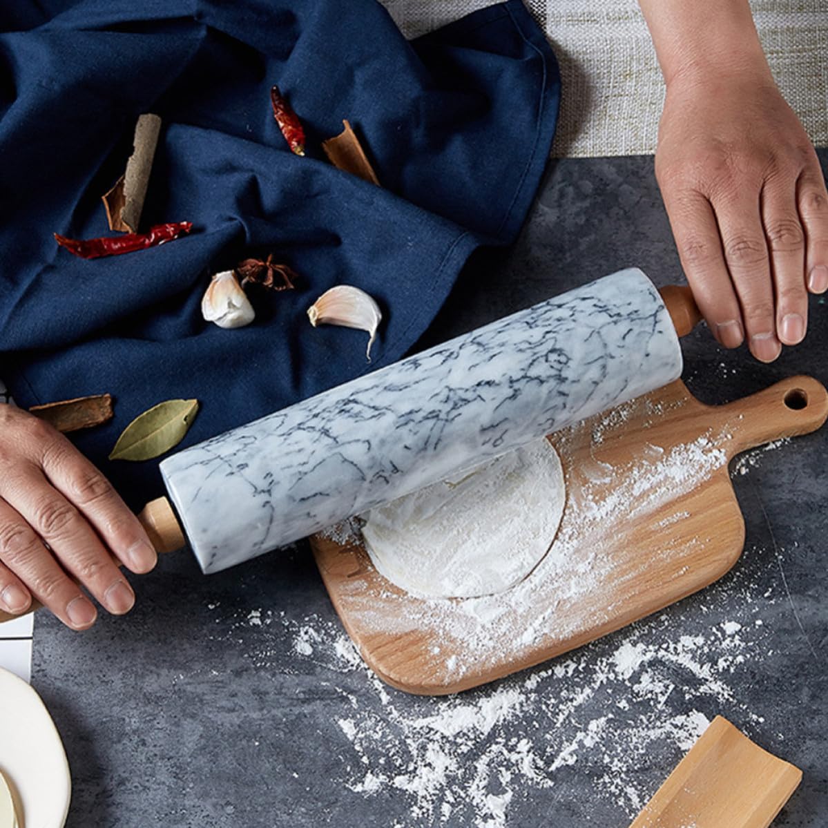 Homoyoyo Rodillo de Mármol para Amasar Masa Mango de Madera, Práctico y Multiusos, Diseño Simple Adecuado para Cocina y Panadería