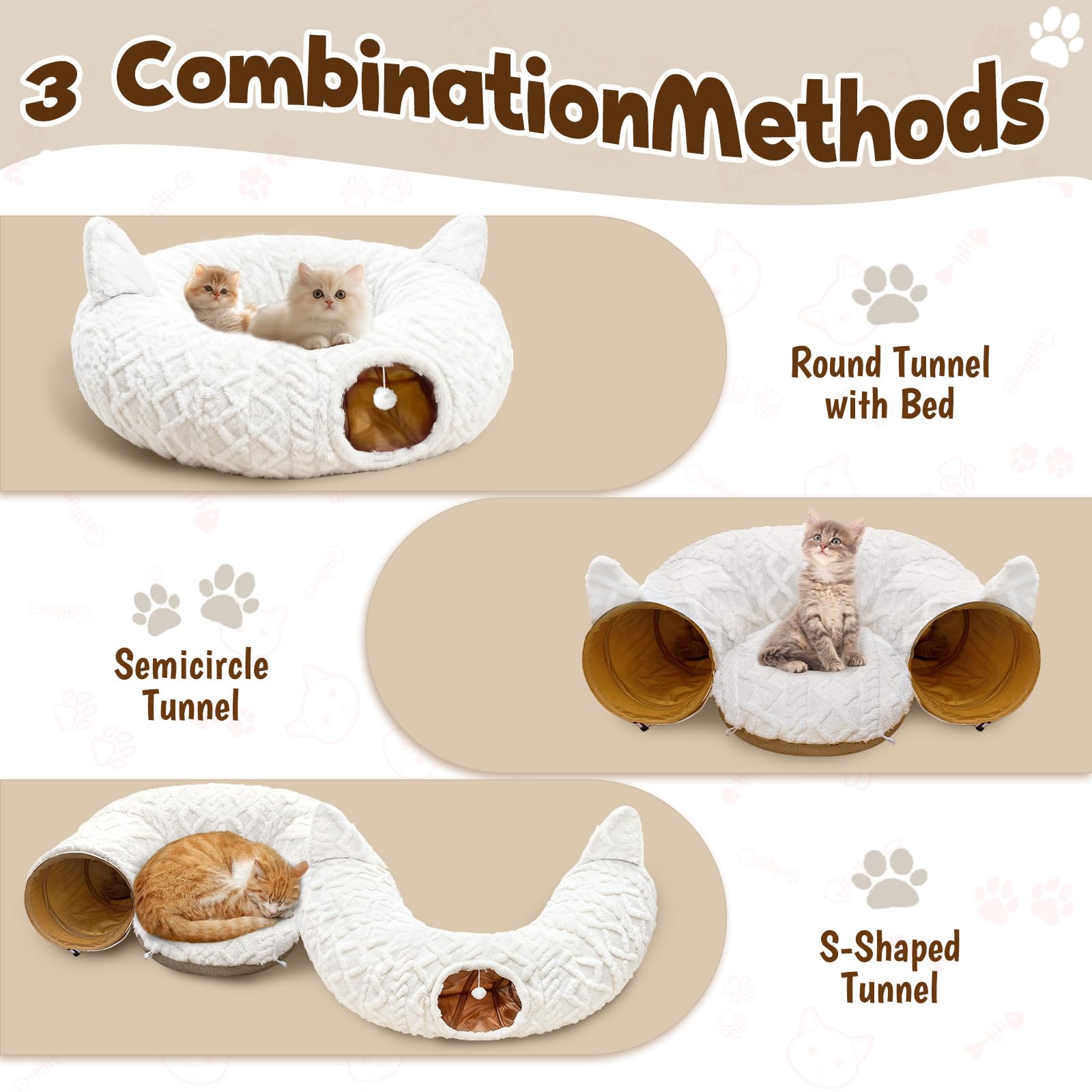 Katzentunnel Rund Weiß mit Katzenbett, Plüsch Katzen Donut Tunnel mit 11 interaktiven Spielzeugen & Waschbarer Matte, Peekaboo Katzenhöhle Spieltunnel unter dem Weihnachtsbaum für Katzen