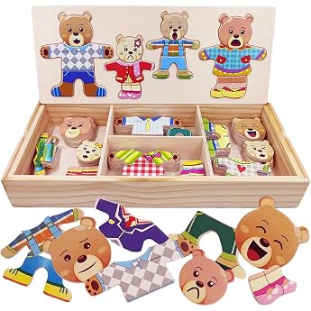 Wooden Dressing Puzzle Bear Family - 72-Piece Toy Childrens Toy Gift Children Wooden Toy Plug-In Game for Children from 3 Years